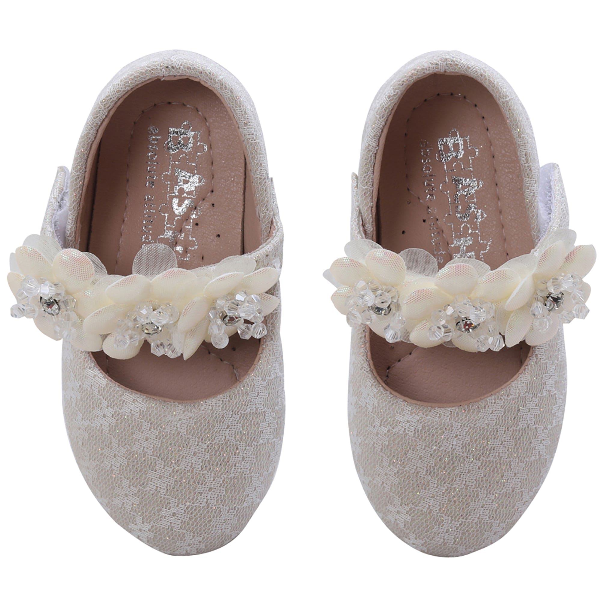 Baby Moo Mary Jane Lace Floral Applique On Velcro Strap Anti-Skid Ballerina Shoes - Gold