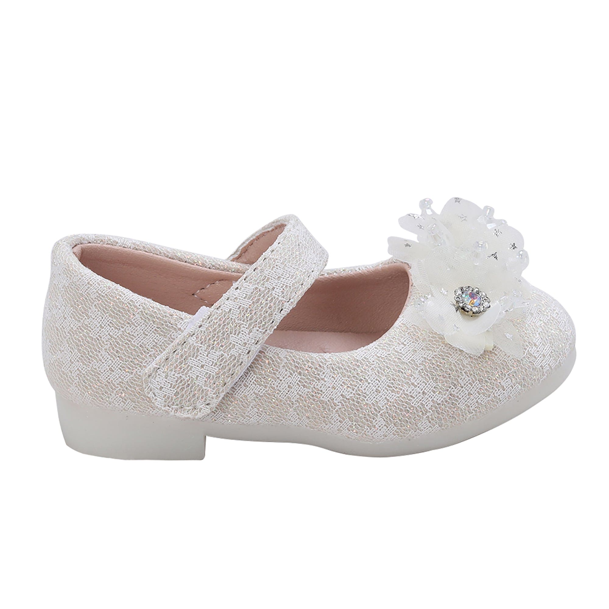 Baby Moo Rhinestone Floral Applique Lace Mary Jane Velcro Strap Anti-Skid Ballerina Shoes - Cream