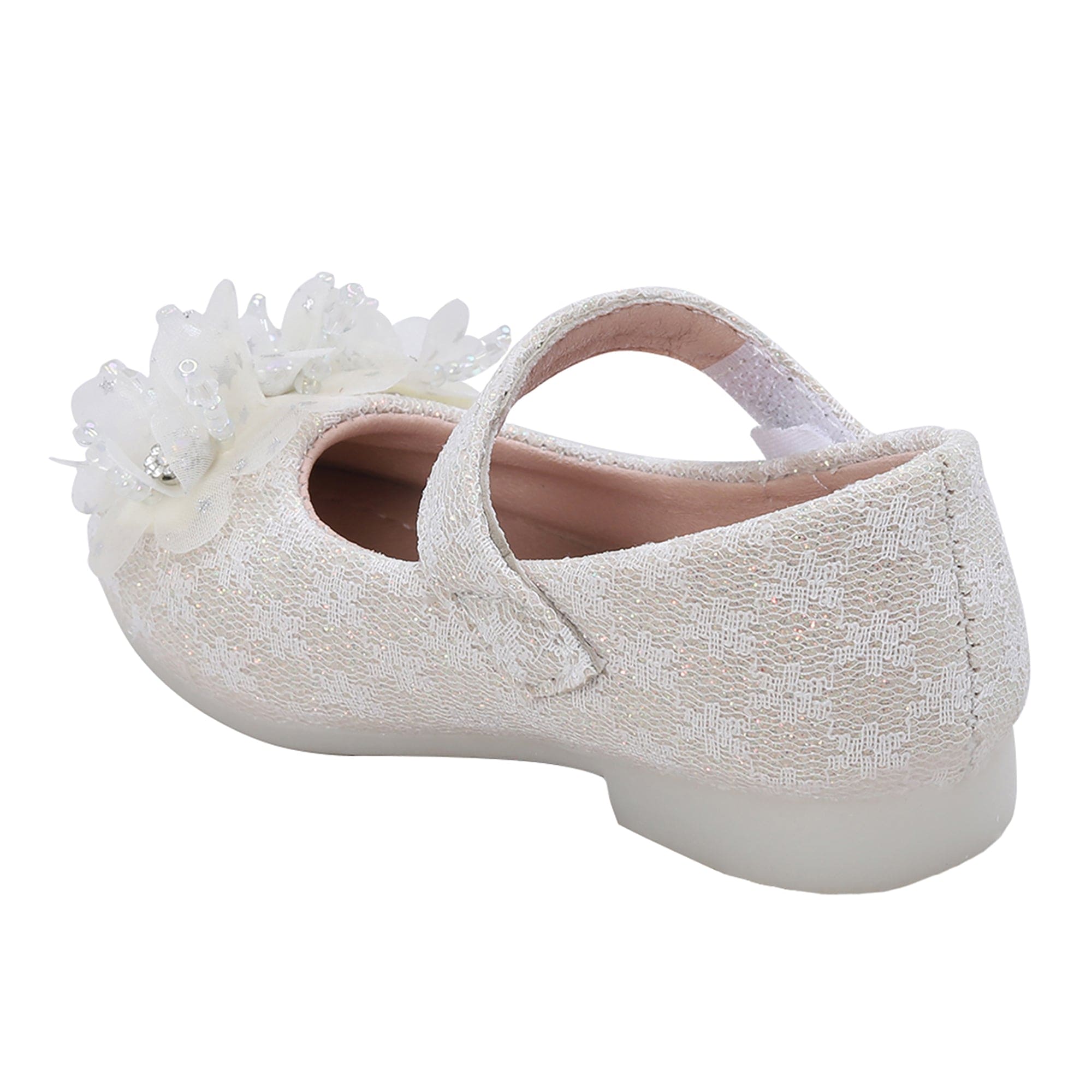 Baby Moo Rhinestone Floral Applique Lace Mary Jane Velcro Strap Anti-Skid Ballerina Shoes - Cream