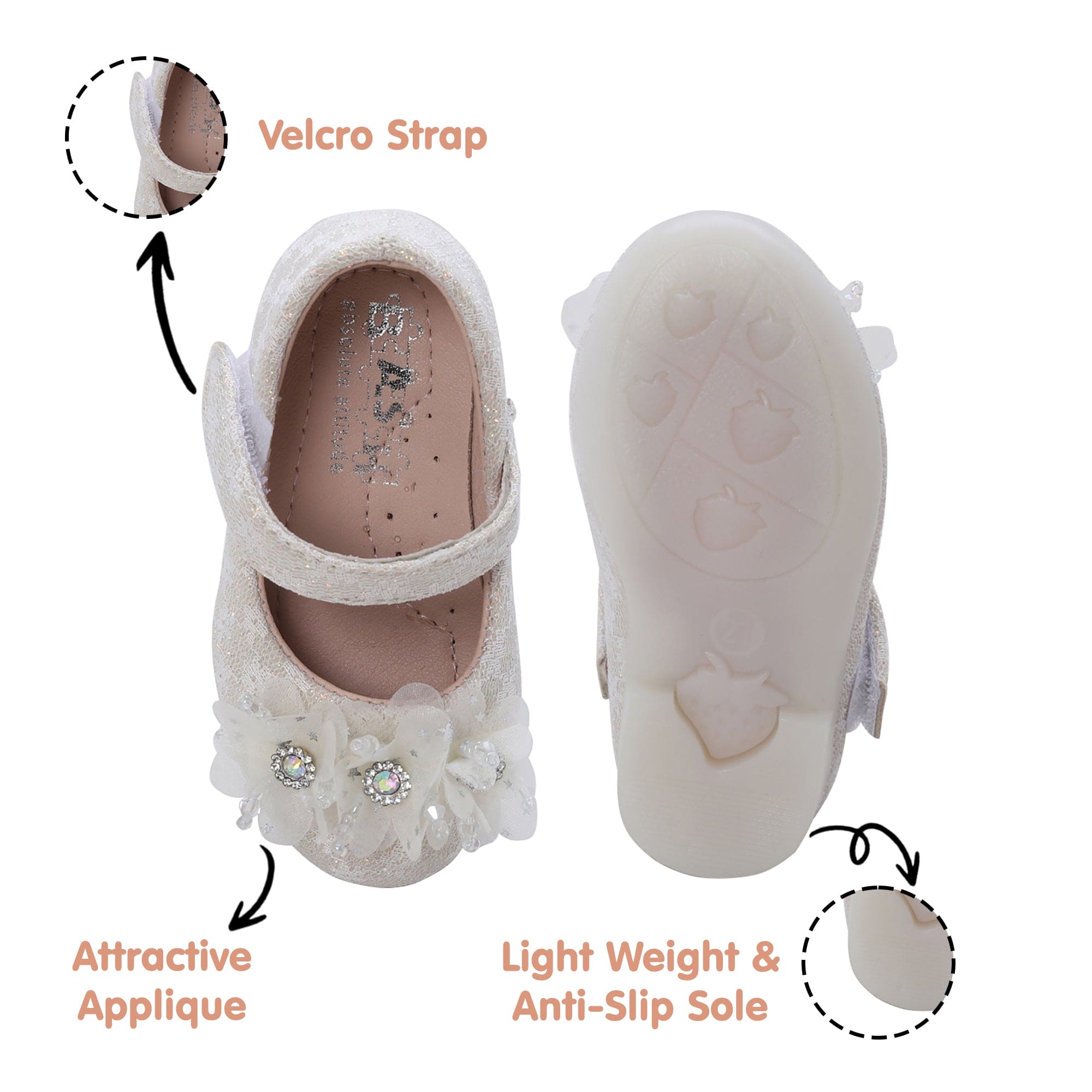 Baby Moo Rhinestone Floral Applique Lace Mary Jane Velcro Strap Anti-Skid Ballerina Shoes - Cream