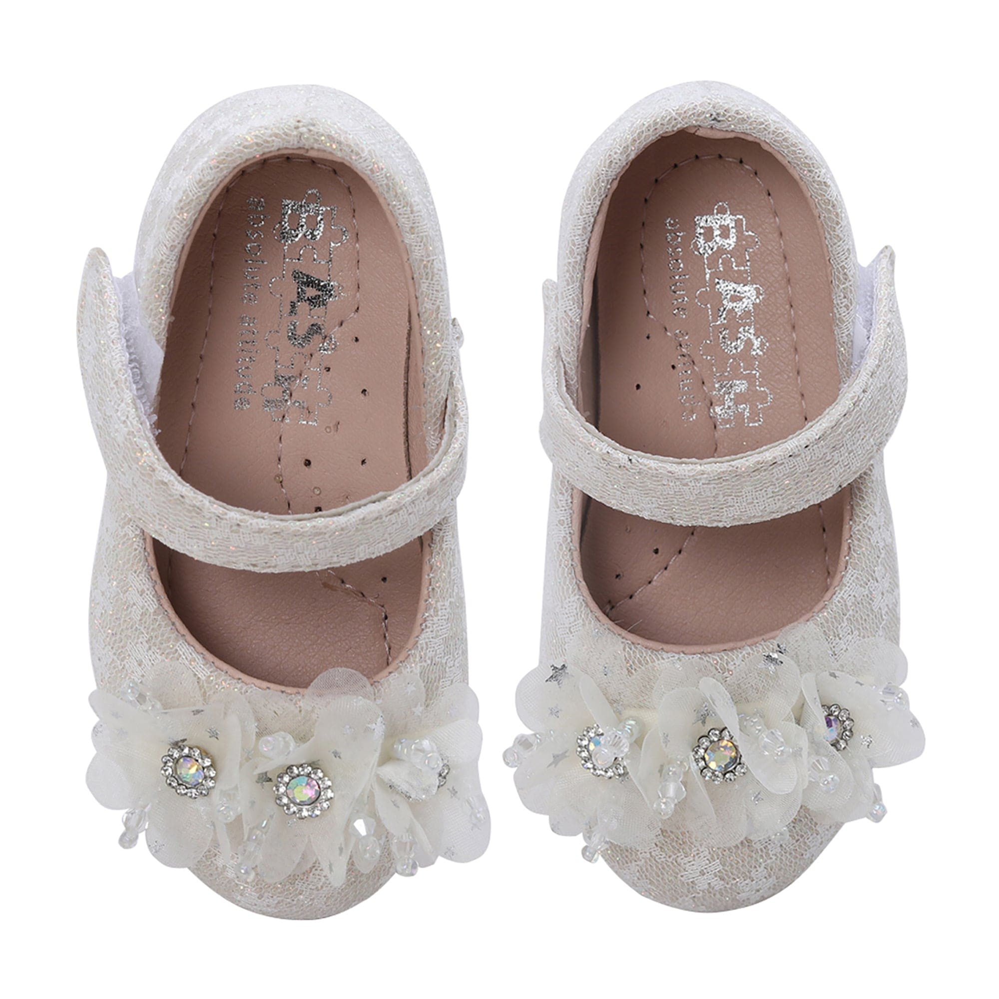 Baby Moo Rhinestone Floral Applique Lace Mary Jane Velcro Strap Anti-Skid Ballerina Shoes - Cream