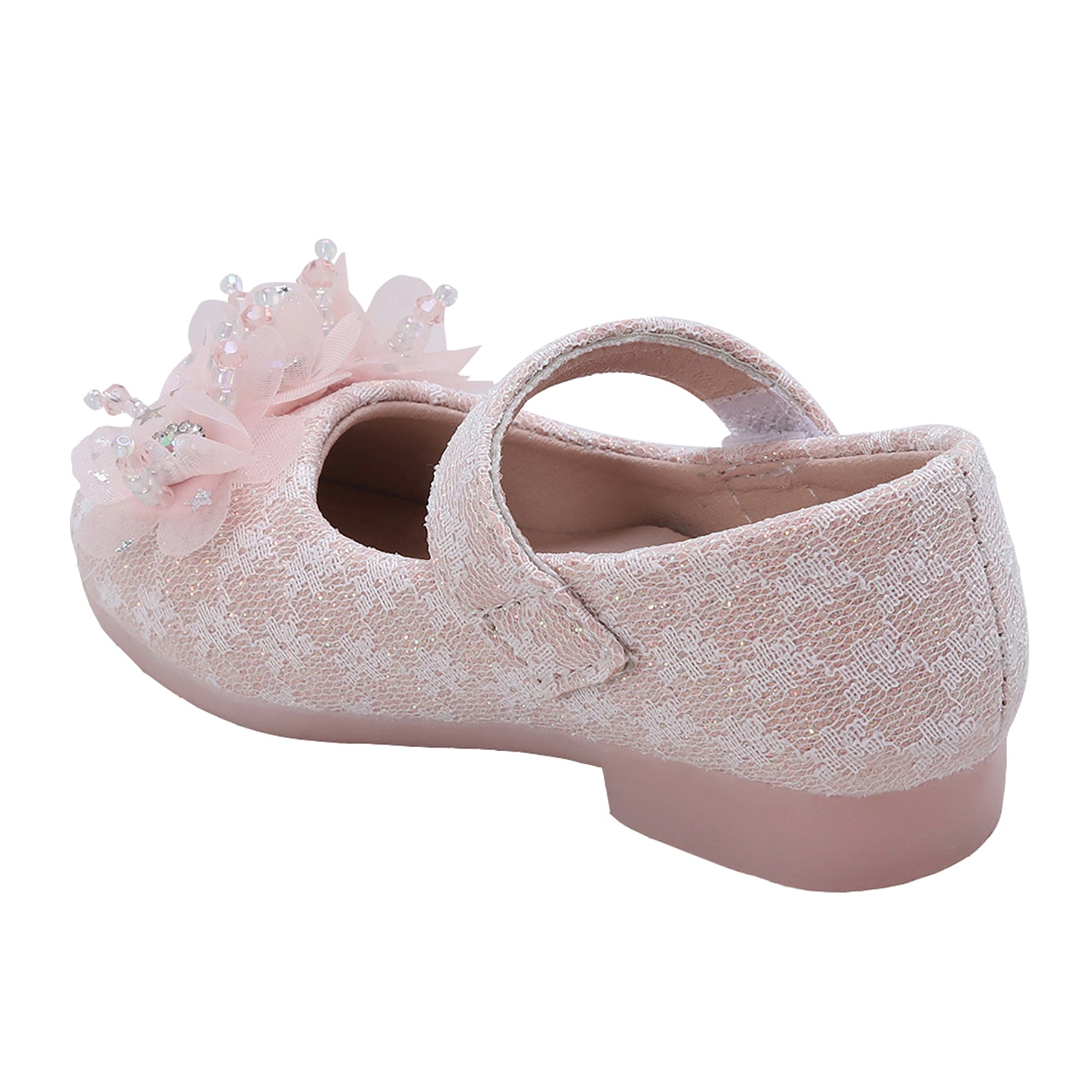 Baby Moo Rhinestone Floral Applique Lace Mary Jane Velcro Strap Anti-Skid Ballerina Shoes - Pink