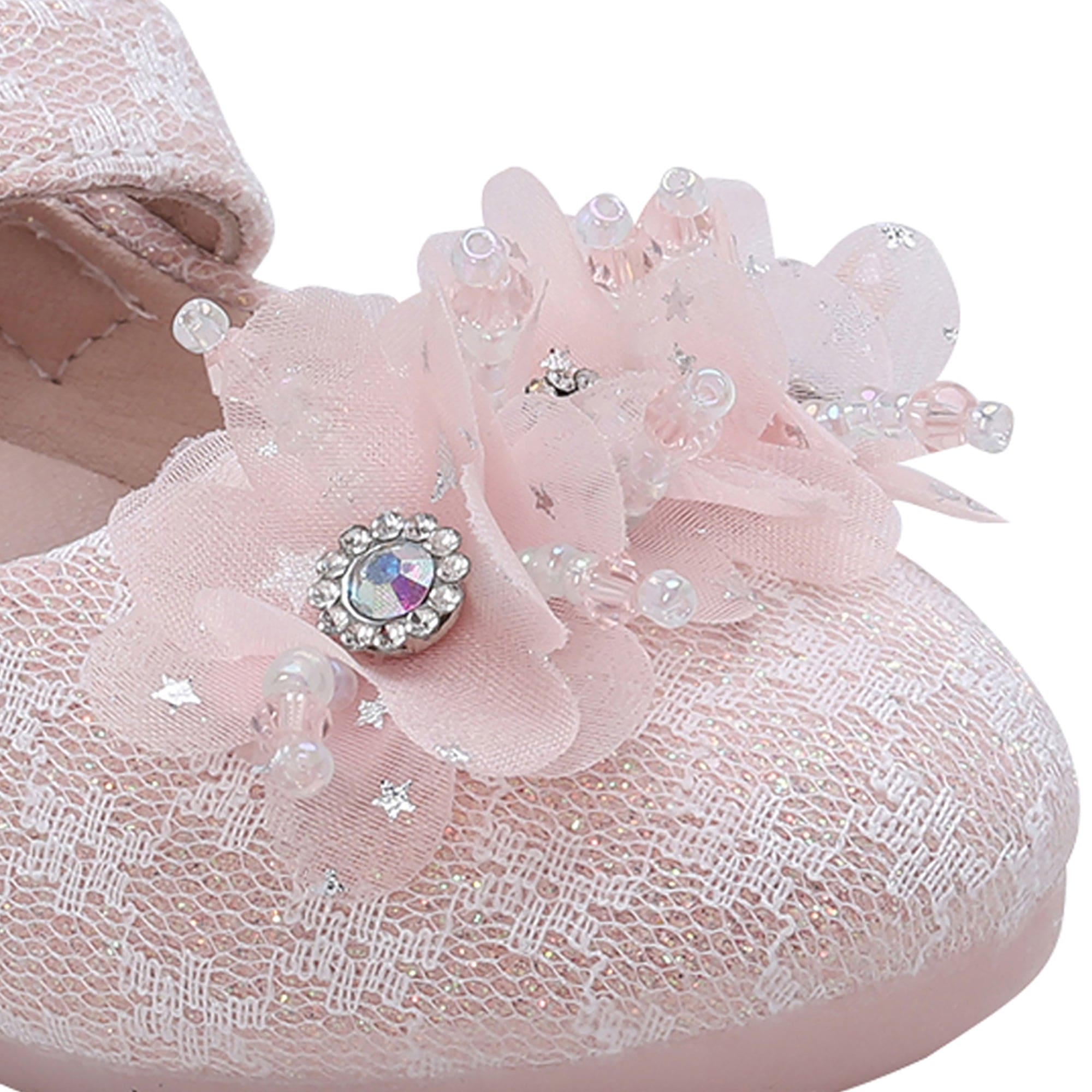 Baby Moo Rhinestone Floral Applique Lace Mary Jane Velcro Strap Anti-Skid Ballerina Shoes - Pink