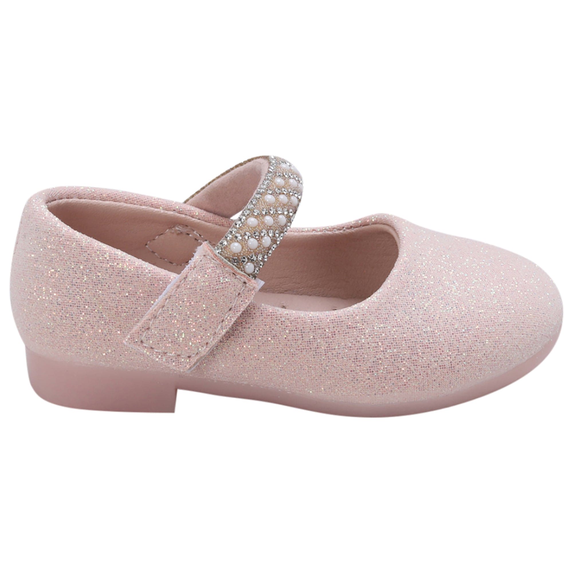 Baby Moo Glittery Pearl Embellished Mary Jane Velcro Strap Anti-Skid Ballerina Shoes - Pink