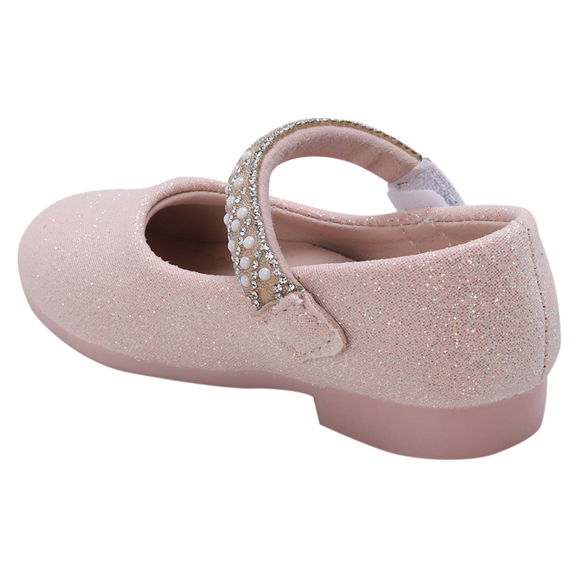 Baby Moo Glittery Pearl Embellished Mary Jane Velcro Strap Anti-Skid Ballerina Shoes - Pink