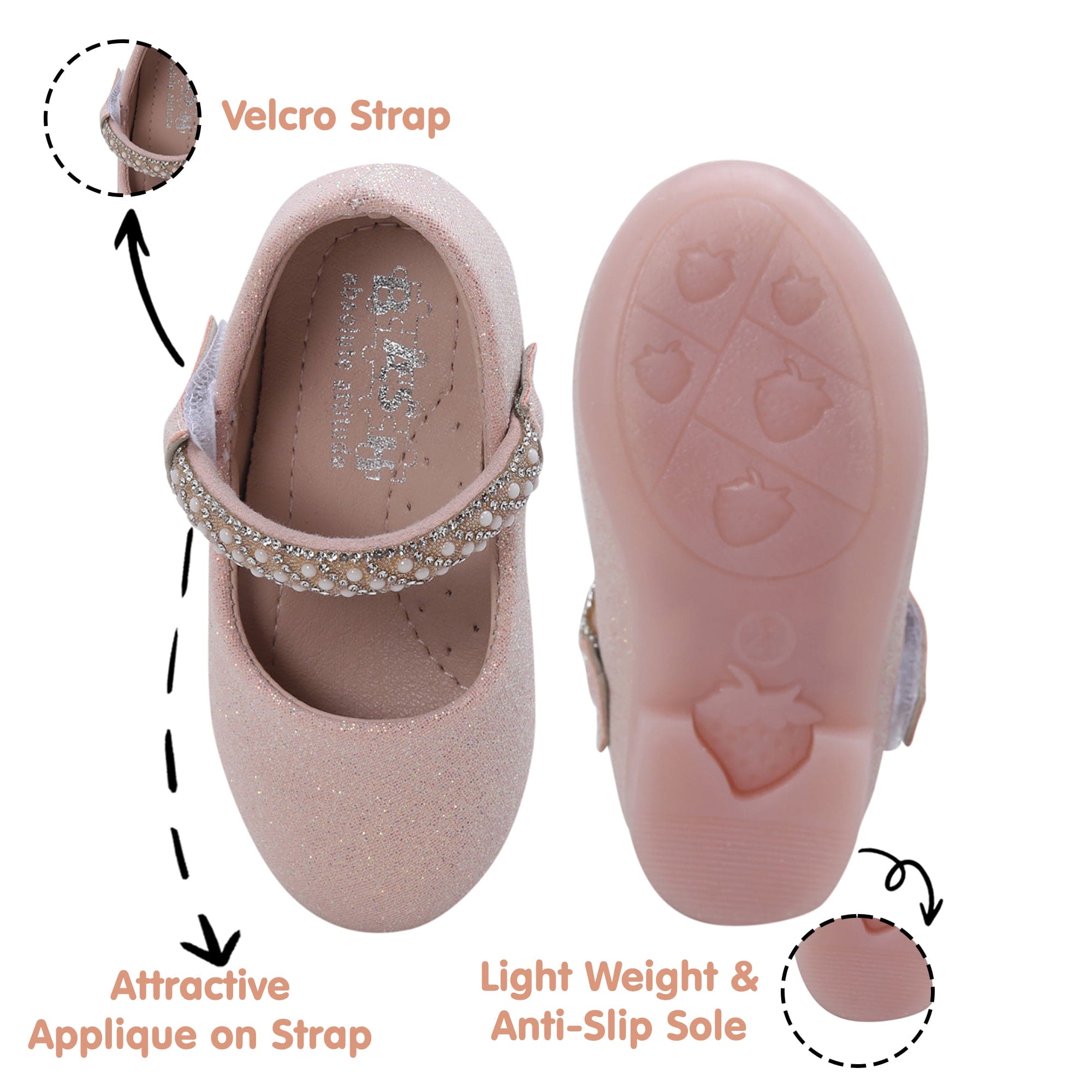 Baby Moo Glittery Pearl Embellished Mary Jane Velcro Strap Anti-Skid Ballerina Shoes - Pink