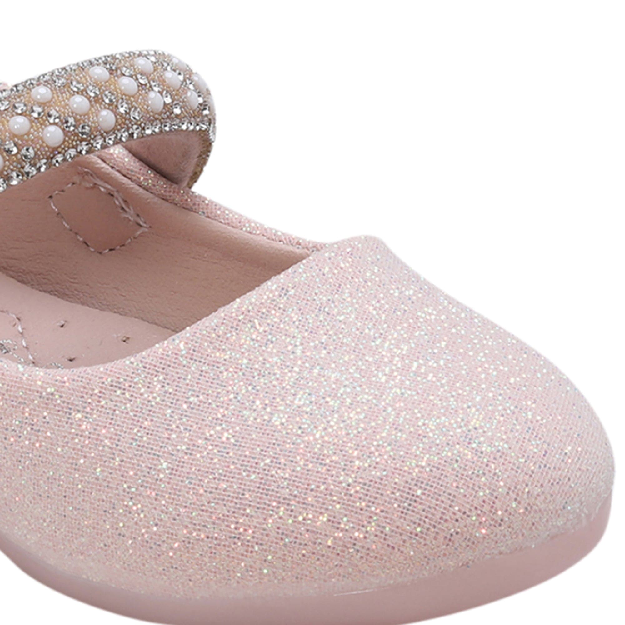 Baby Moo Glittery Pearl Embellished Mary Jane Velcro Strap Anti-Skid Ballerina Shoes - Pink