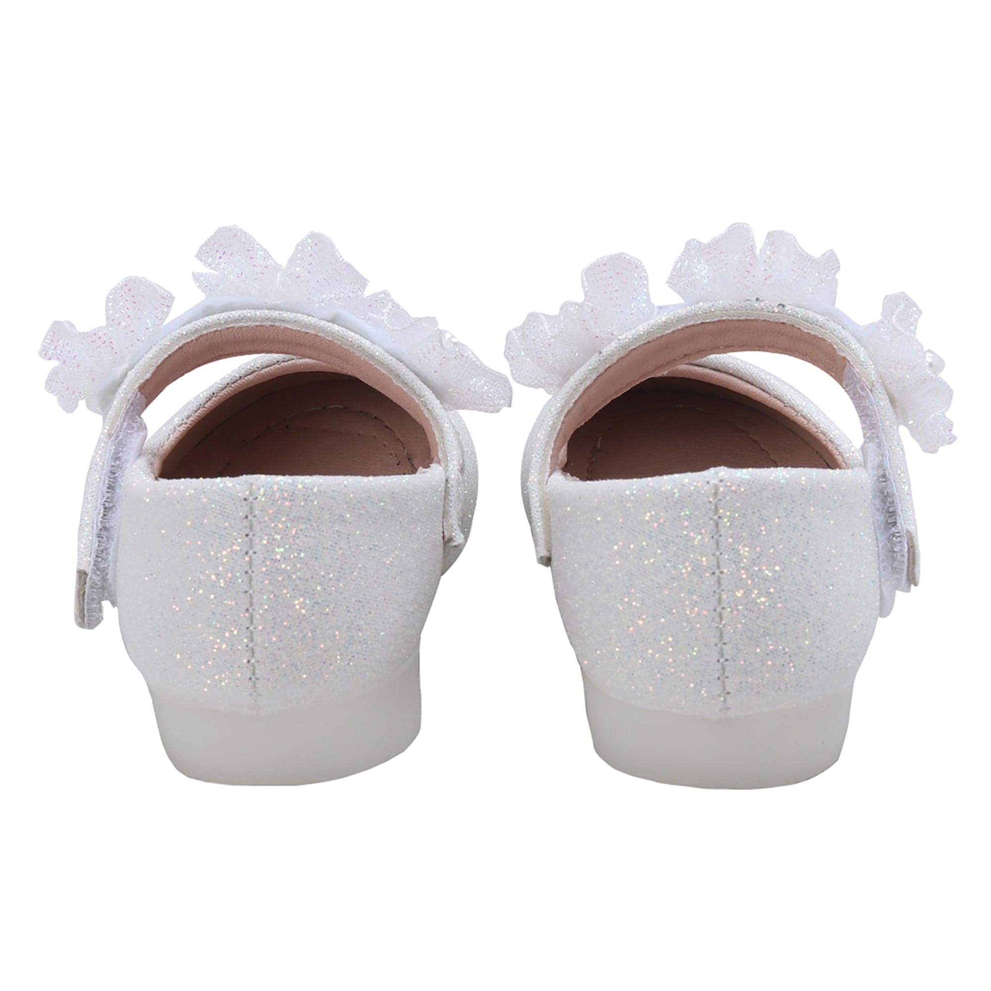 Baby Moo Mary Jane Glittery Floral Applique On Velcro Strap Anti-Skid Ballerina Shoes - White