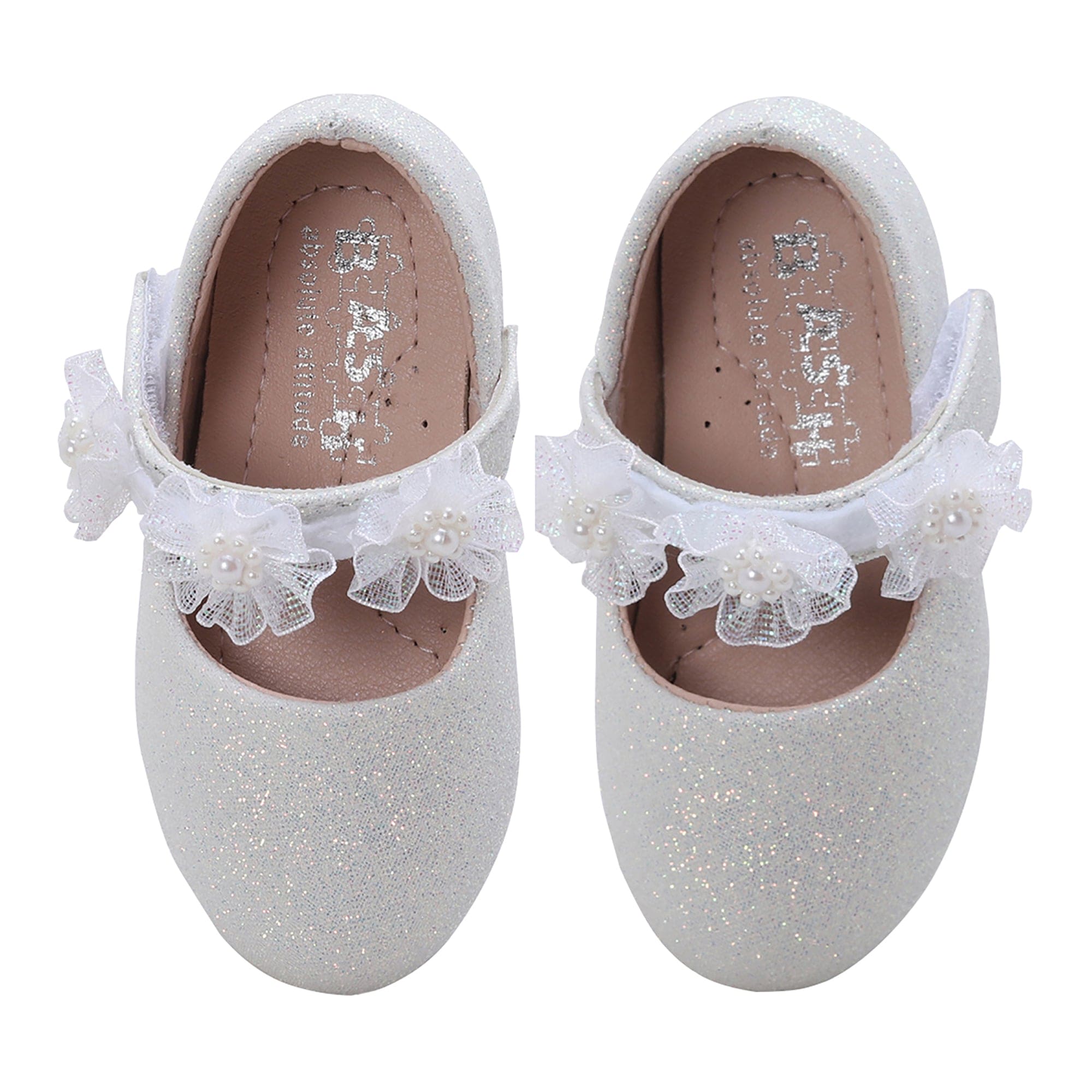 Baby Moo Mary Jane Glittery Floral Applique On Velcro Strap Anti-Skid Ballerina Shoes - White