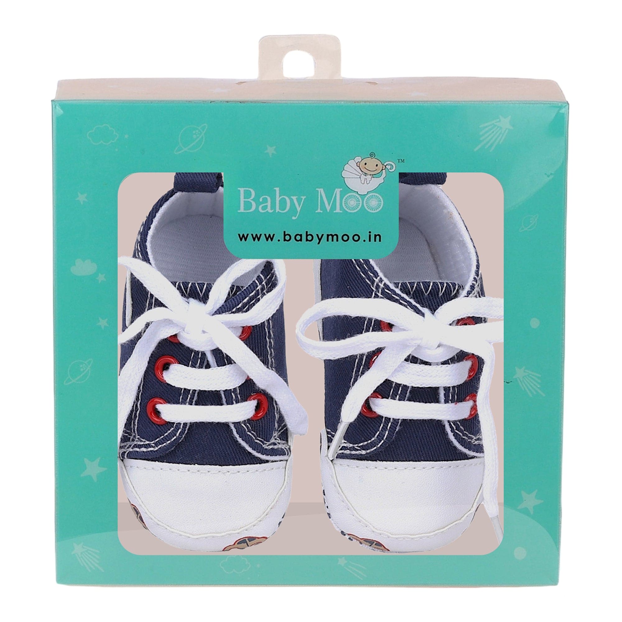 Baby Moo Car Printed Lace-Up Design Anti-Skid Denim Sneakers - Blue, White
