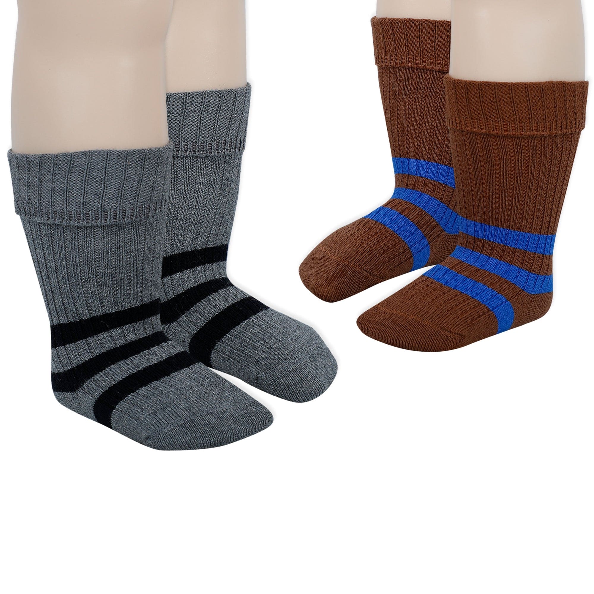 Baby Moo Striped Anti-Skid Socks Pack of 2 - Brown, Grey