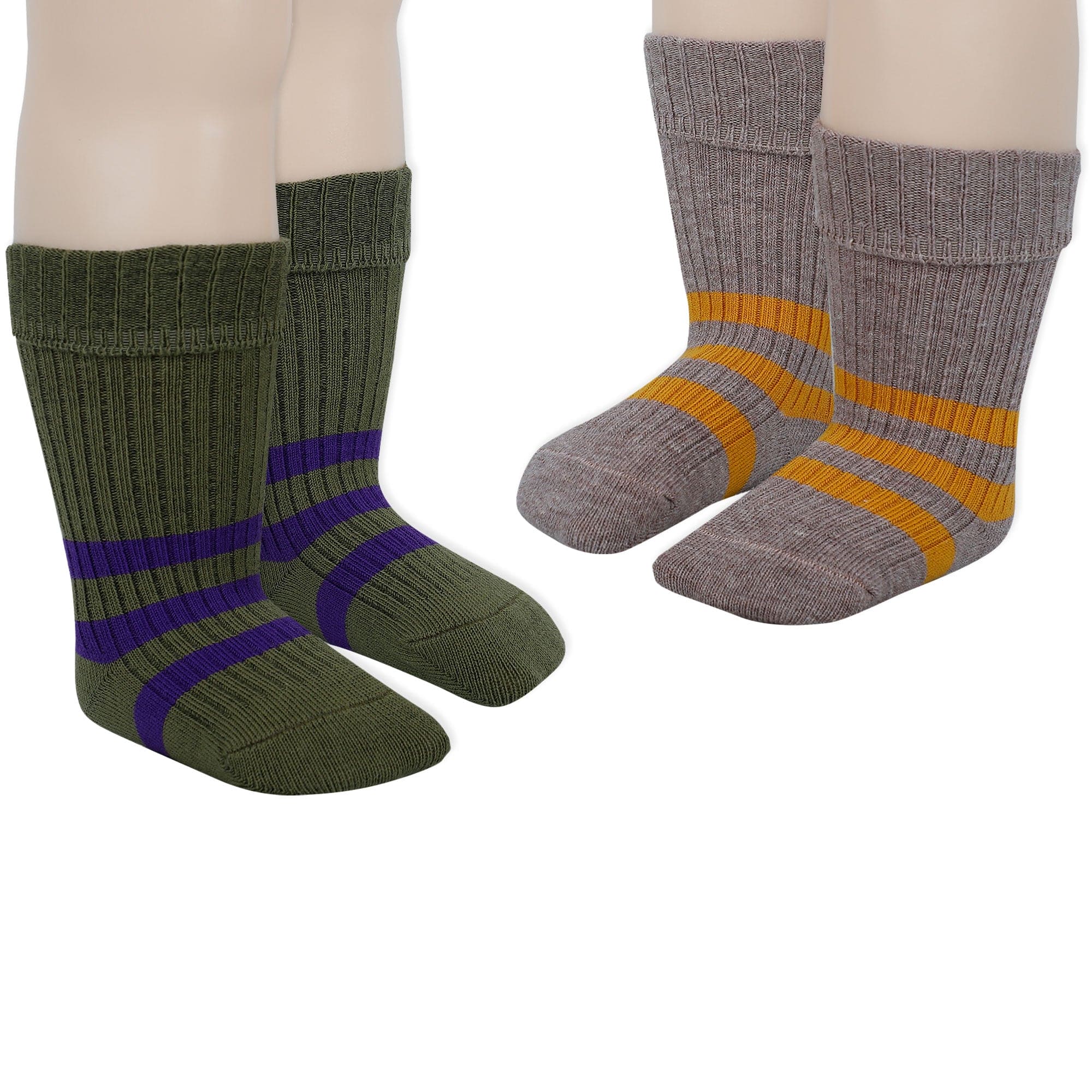 Baby Moo Striped Anti-Skid Socks Pack of 2 - Green, Grey