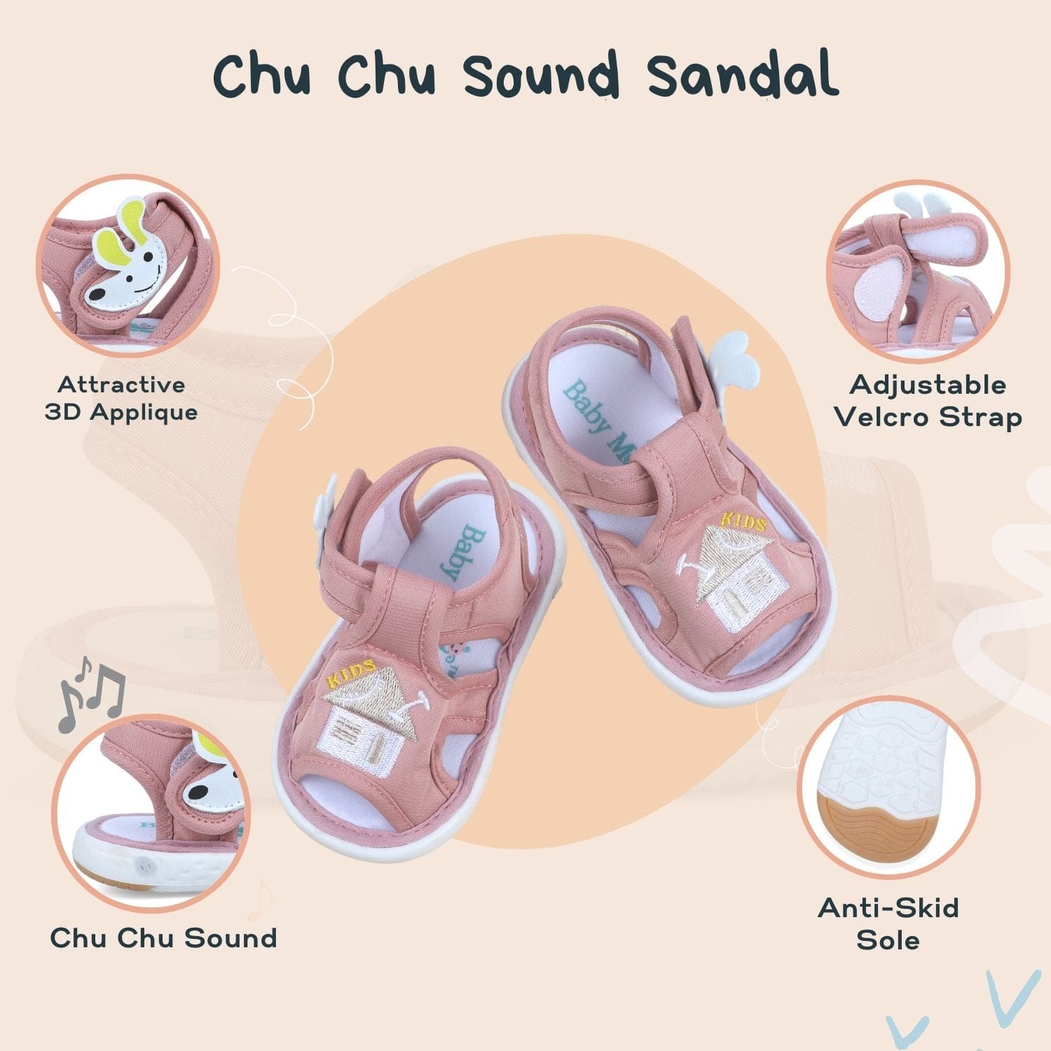Baby Moo Rainbow Chu-Chu Sound Breathable Anti-Skid Sandals - Pink