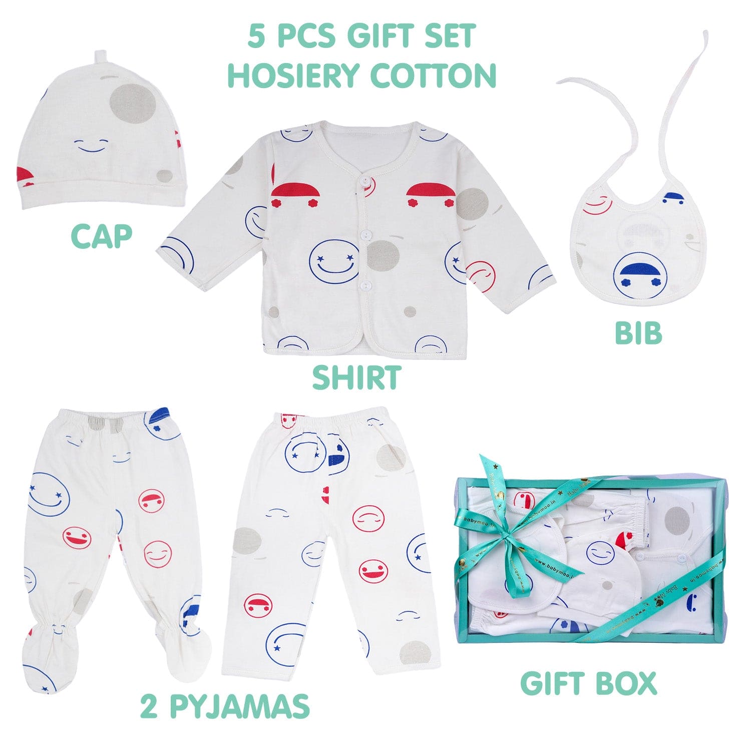 Baby Moo Smiley Print Cap Bib Pyjamas 5 Pcs Clothing Gift Set - White