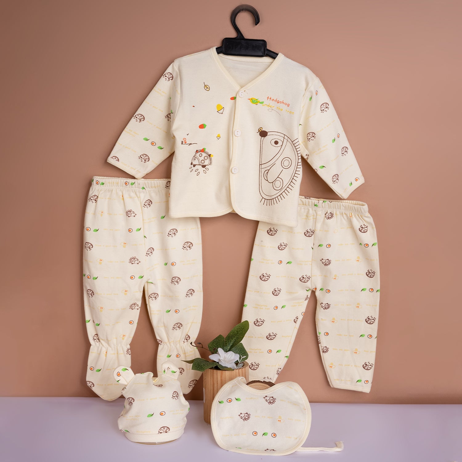 Baby Moo Hedgehog Print Cap Bib Pyjamas 5 Pcs Clothing Gift Set - Yellow