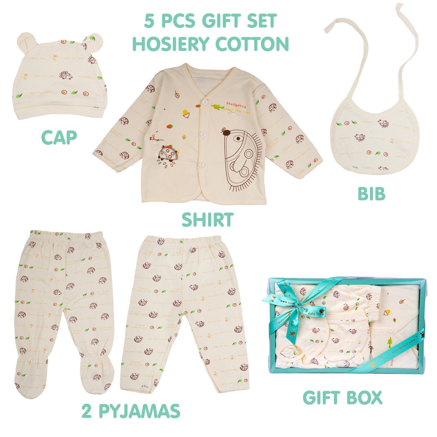 Baby Moo Hedgehog Print Cap Bib Pyjamas 5 Pcs Clothing Gift Set - Yellow