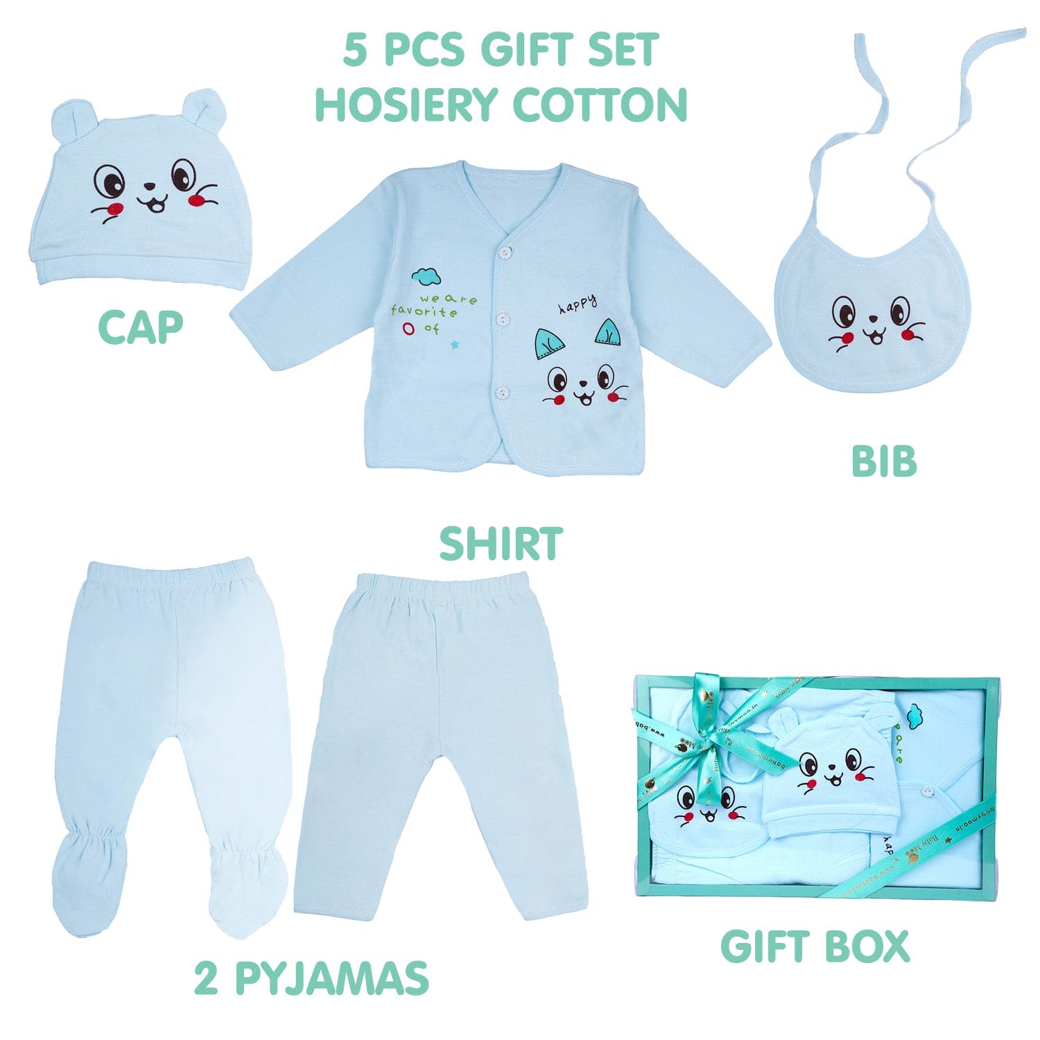 Baby Moo Cool Cat Print Cap Bib Pyjamas 5 Pcs Clothing Gift Set - Blue