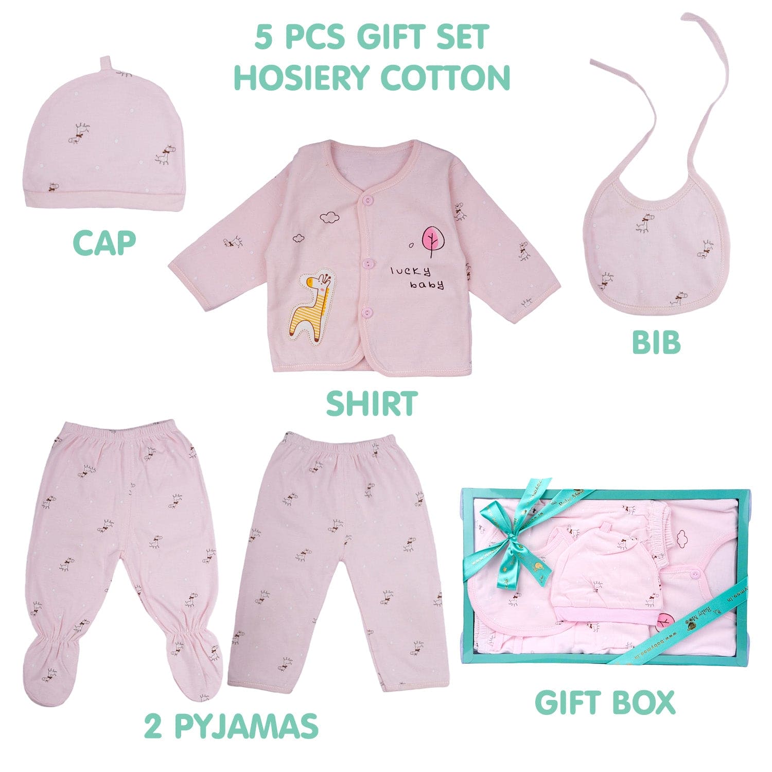 Baby Moo Giraffe Print Cap Bib Pyjamas 5 Pcs Clothing Gift Set - Pink