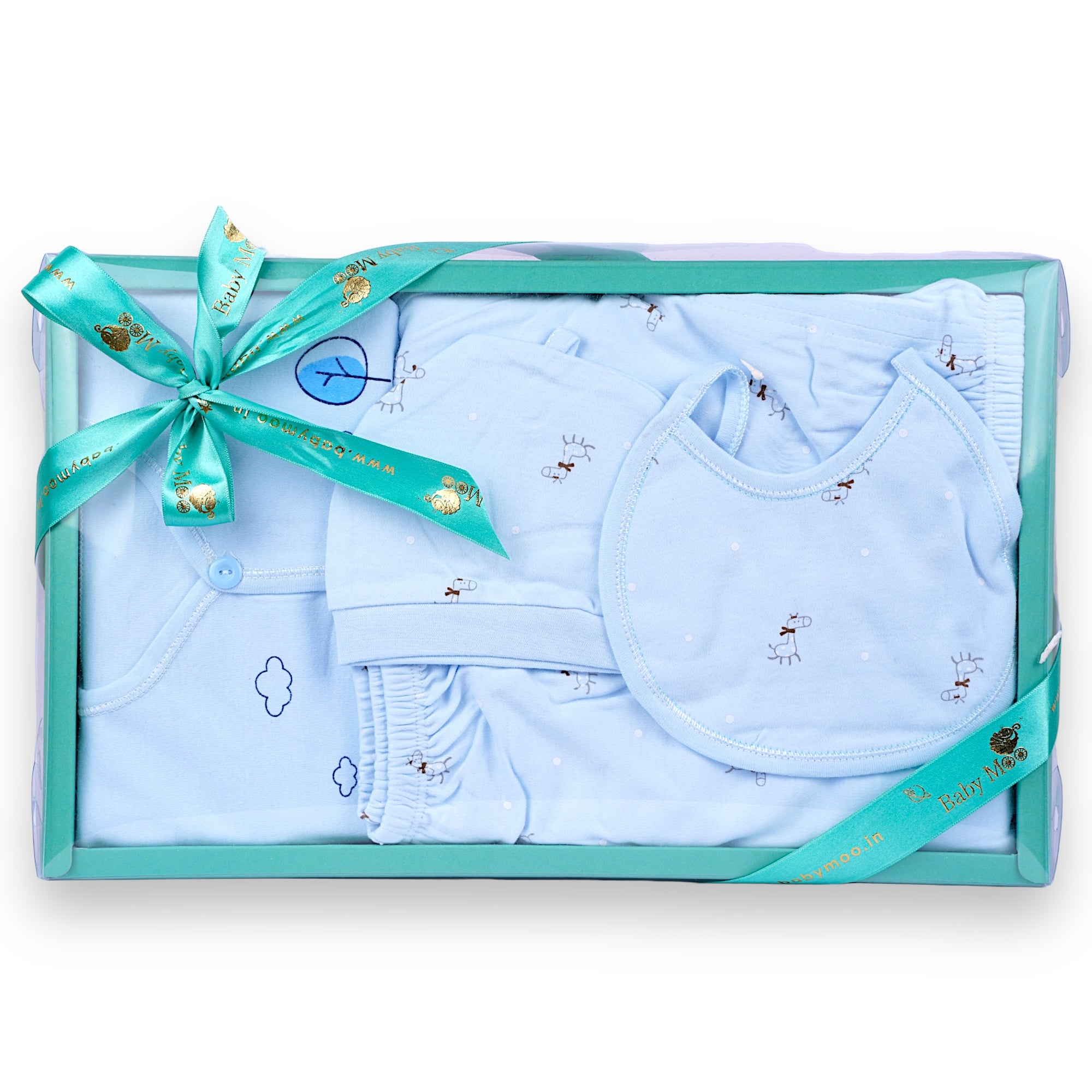 Baby Moo Giraffe Print Cap Bib Pyjamas 5 Pcs Clothing Gift Set - Blue