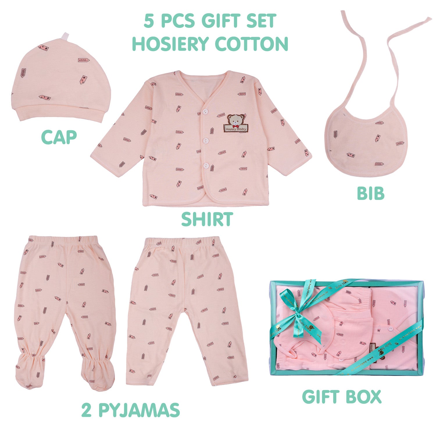 Baby Moo Happy Teddy Printed Cap Bib Pyjamas 5 Pcs Clothing Gift Set - Peach
