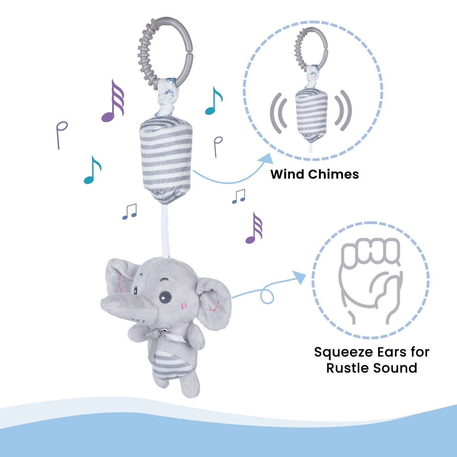 Baby Moo Elephant Sensory Wind Chime Hanging Musical Toy - Grey