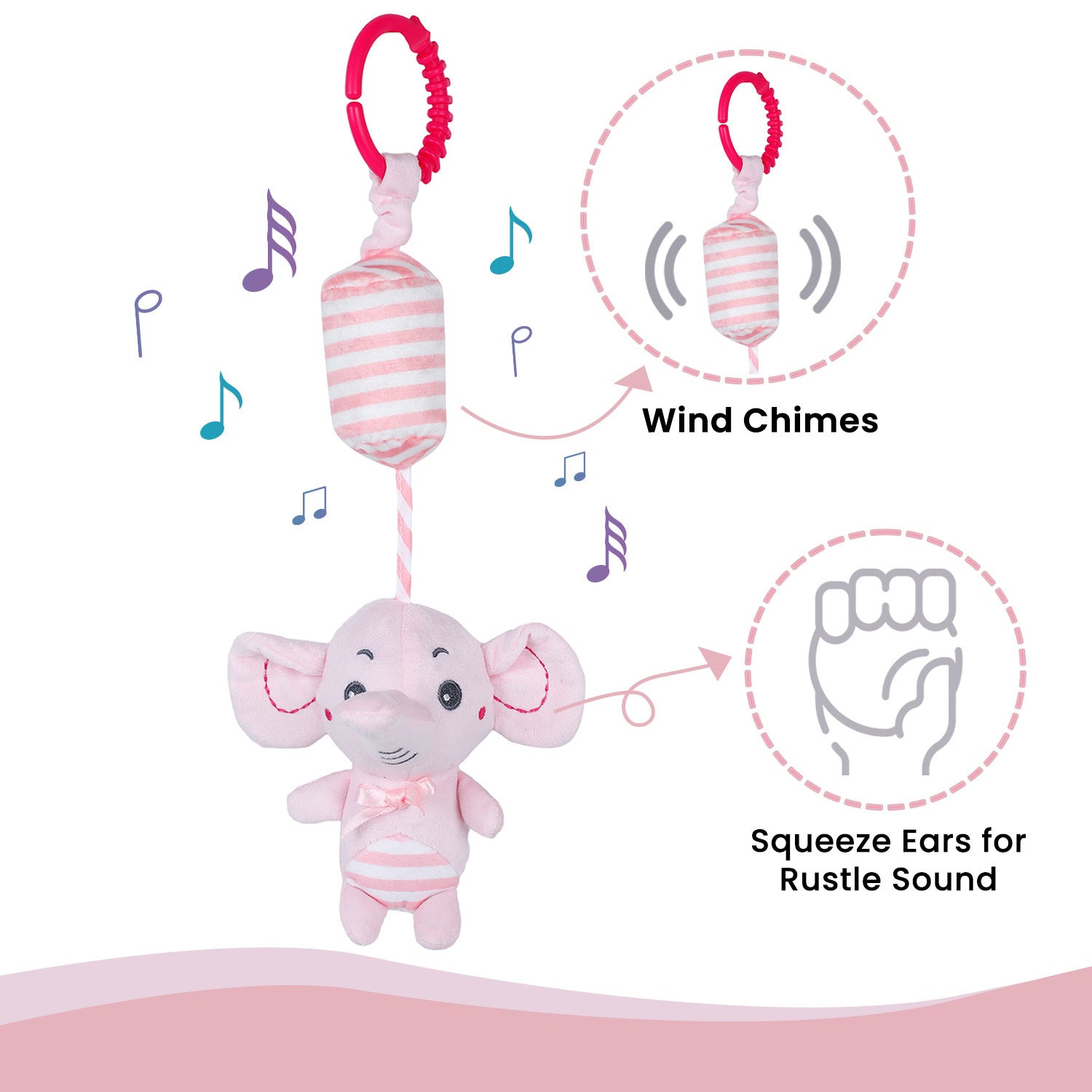 Baby Moo Elephant Sensory Wind Chime Hanging Musical Toy - Pink