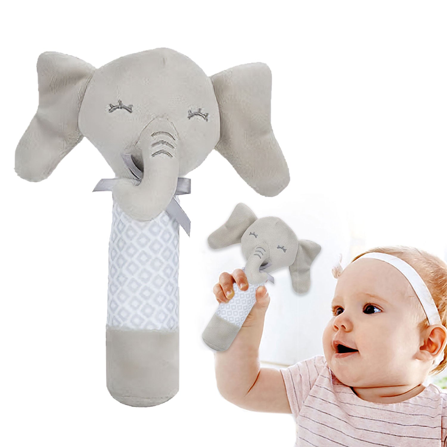 Baby Moo Sleepy Elephant Squeaker Sound Handheld Rattle Toy - Grey