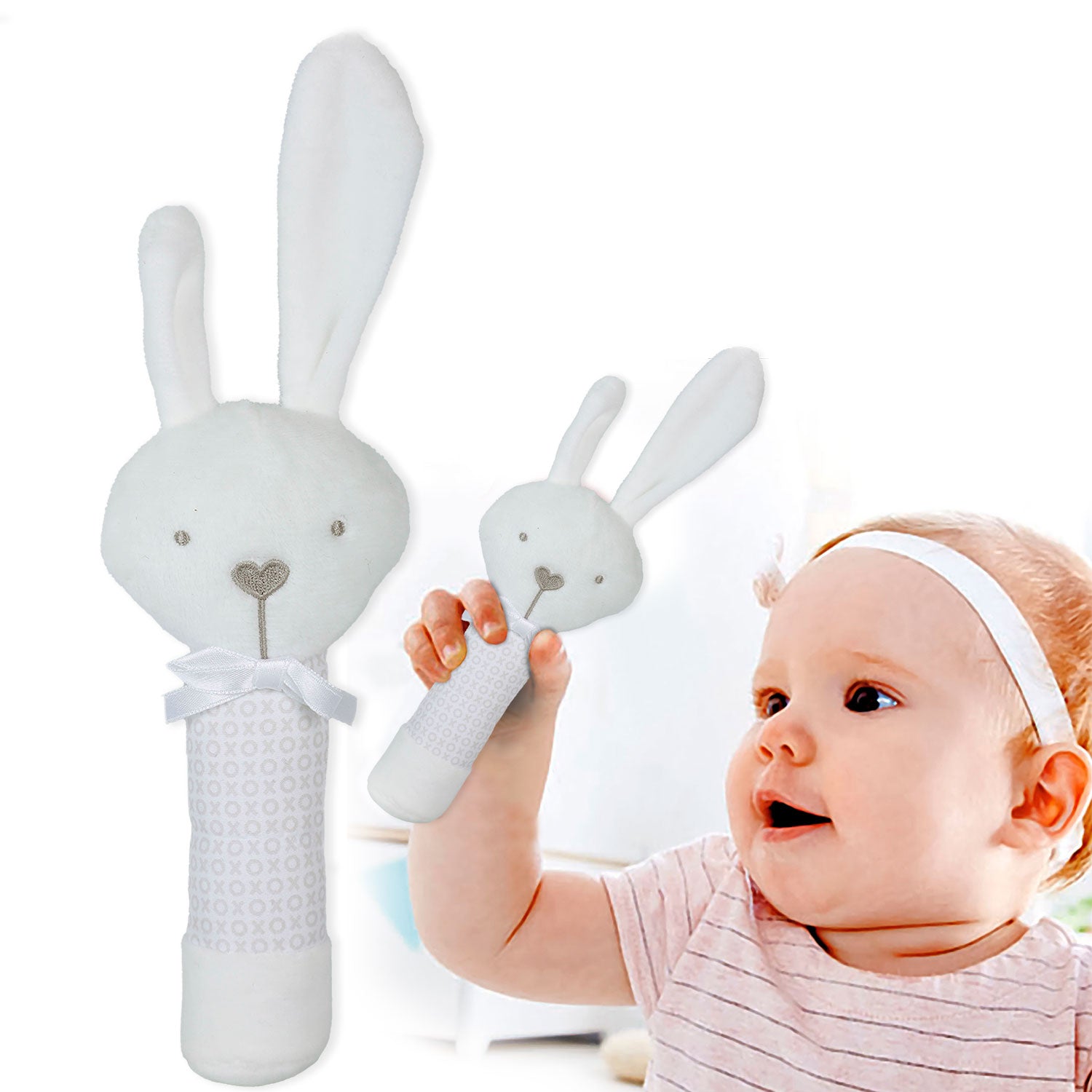 Baby Moo Cuddle Bunny Squeaker Sound Handheld Rattle Toy - White