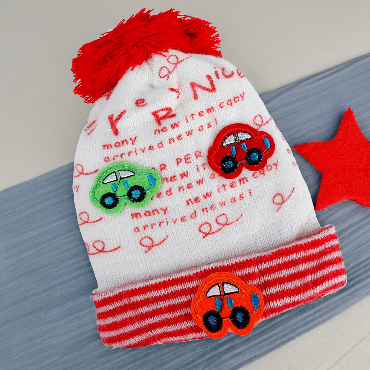 Baby Moo Car Pom Pom Breathable Beanie Warm Knitted Woollen Cap - Red