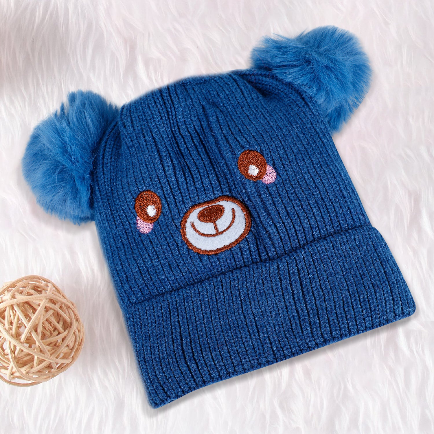 Baby Moo Bear Pom Pom Breathable Beanie Warm Knitted Woollen Cap - Blue