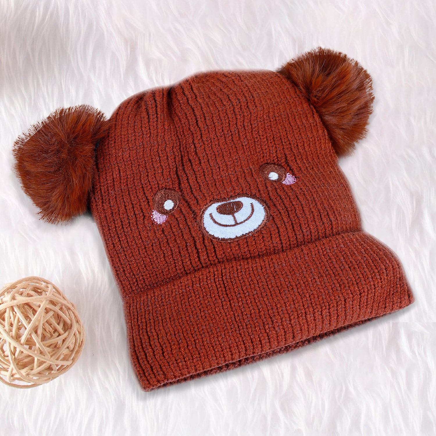 Baby Moo Bear Pom Pom Breathable Beanie Warm Knitted Woollen Cap - Brown