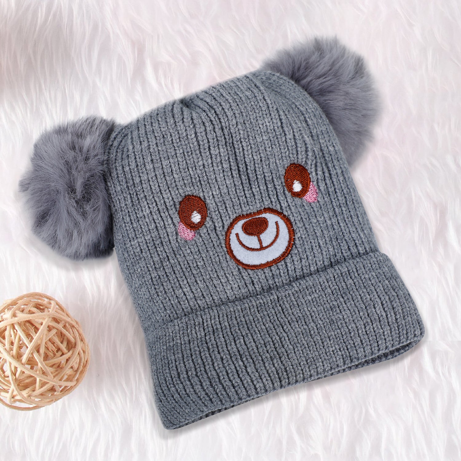 Baby Moo Bear Pom Pom Breathable Beanie Warm Knitted Woollen Cap - Grey