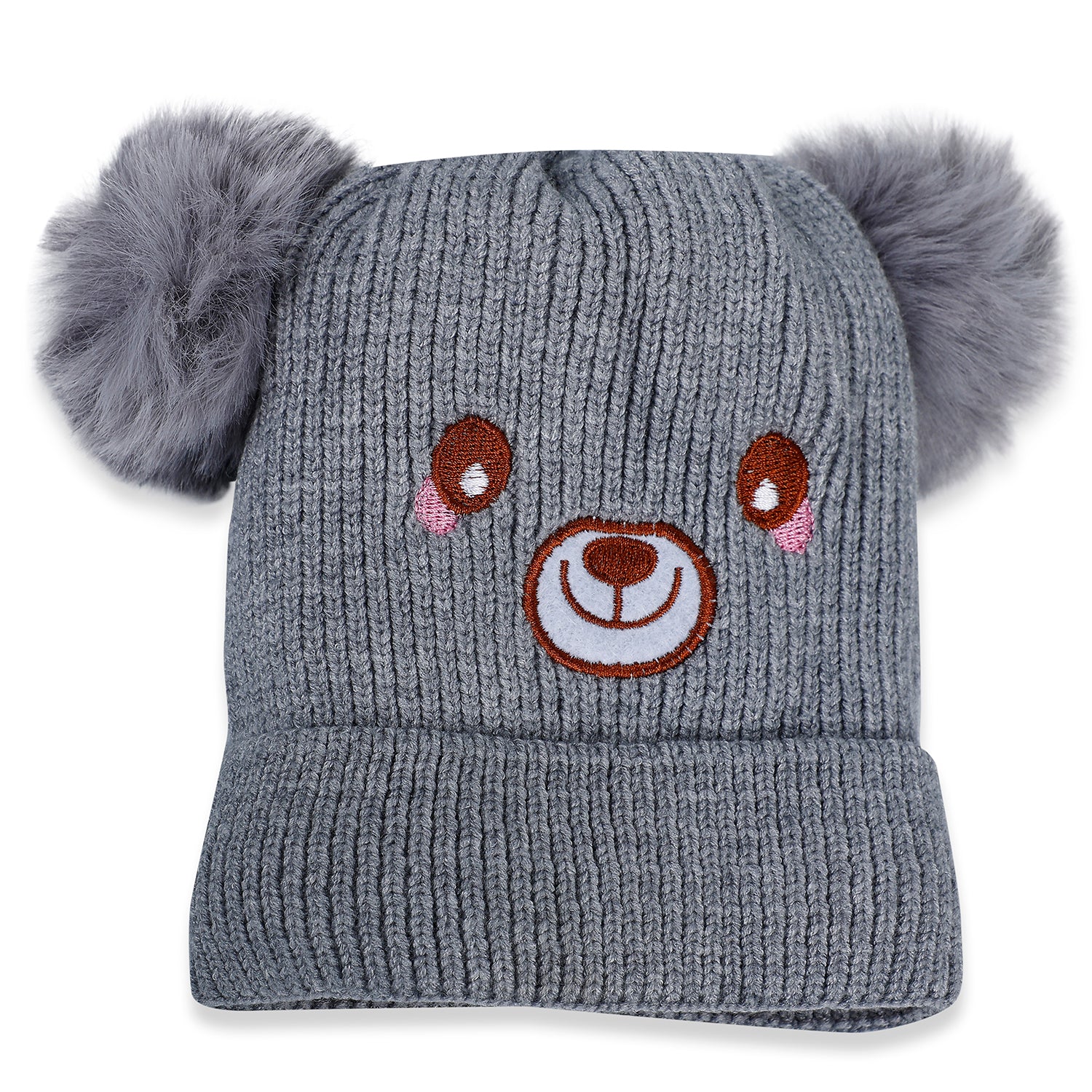 Baby Moo Bear Pom Pom Breathable Beanie Warm Knitted Woollen Cap - Grey