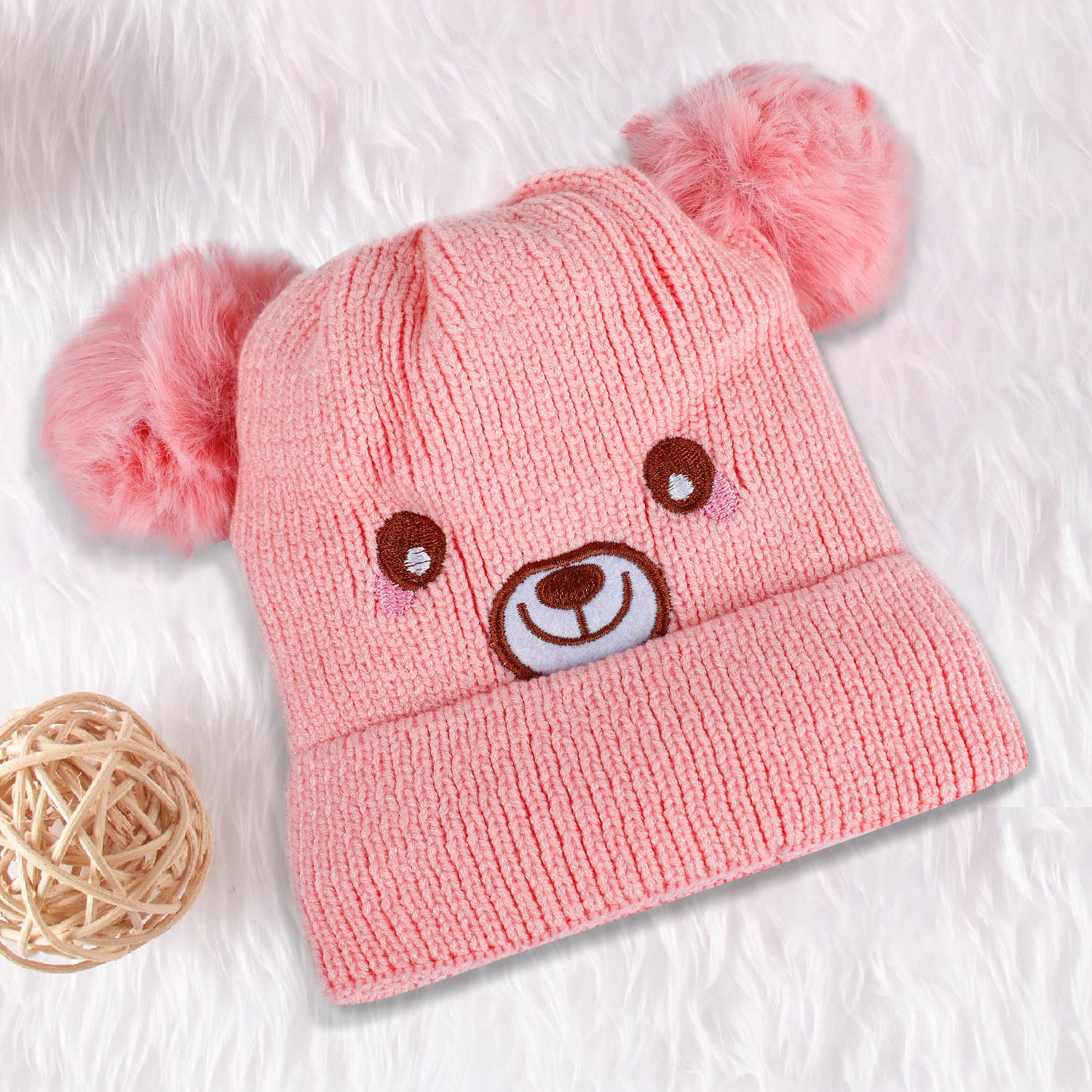 Baby Moo Bear Pom Pom Breathable Beanie Warm Knitted Woollen Cap - Pink