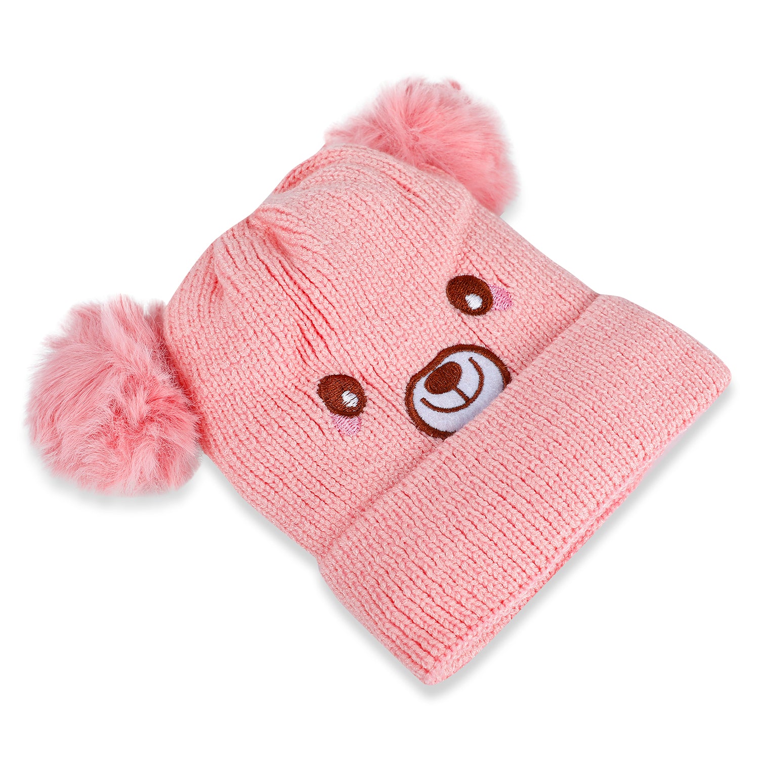 Baby Moo Bear Pom Pom Breathable Beanie Warm Knitted Woollen Cap - Pink