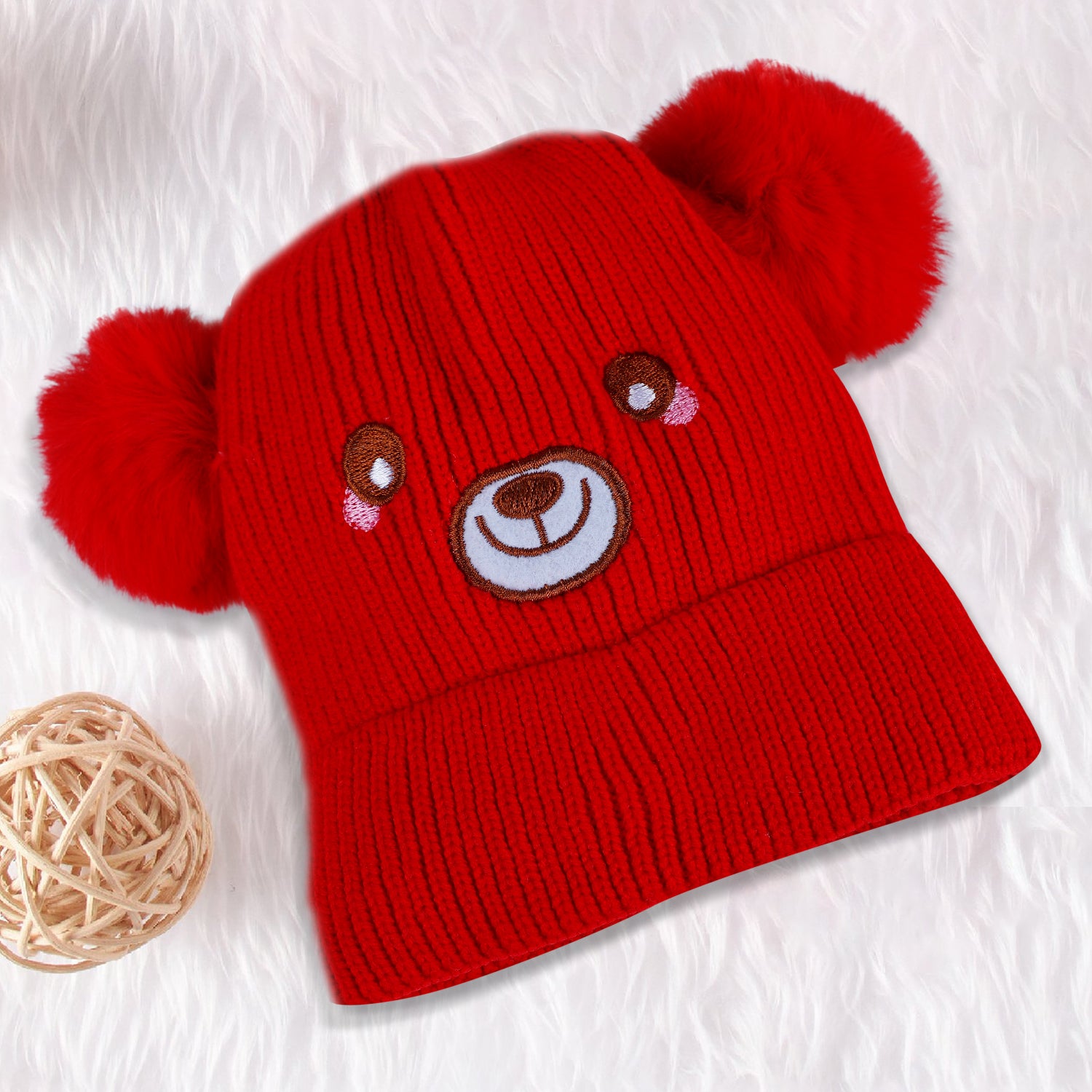 Baby Moo Bear Pom Pom Breathable Beanie Warm Knitted Woollen Cap - Red