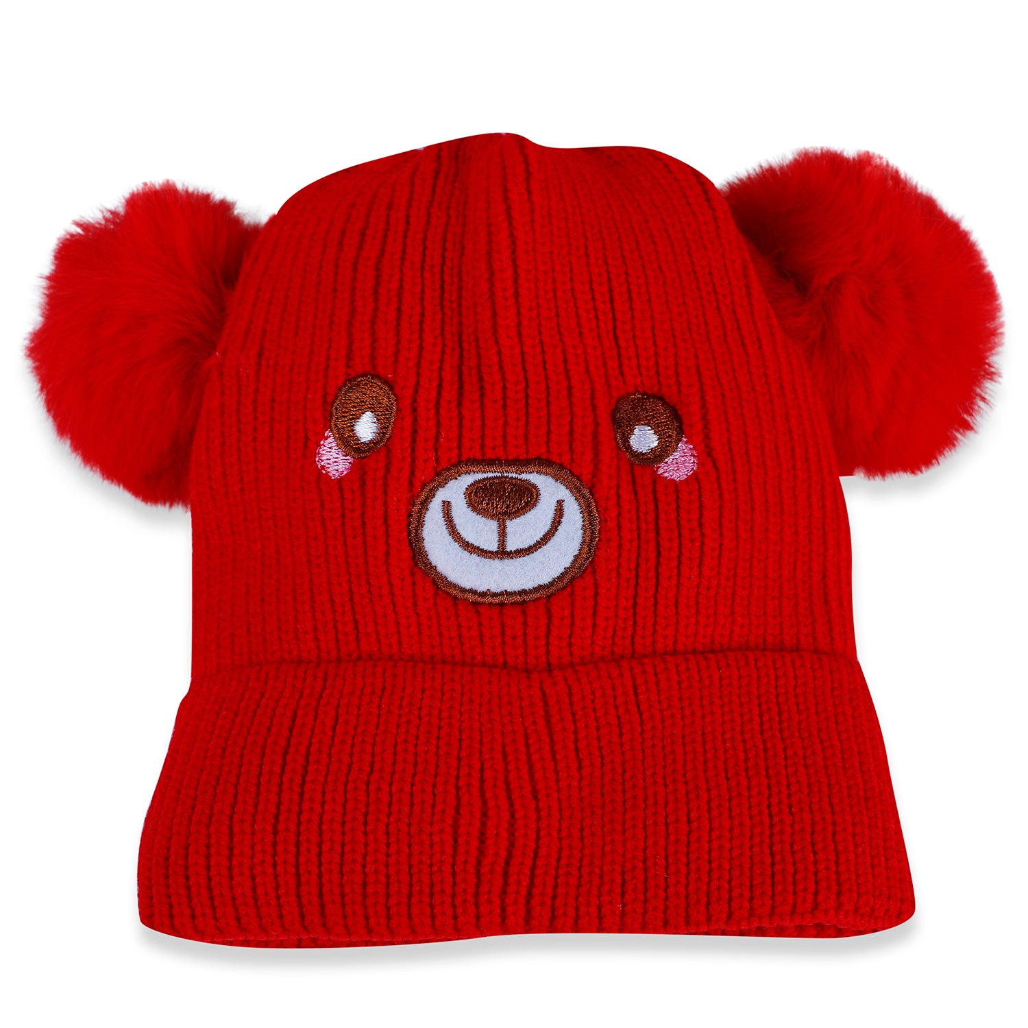 Baby Moo Bear Pom Pom Breathable Beanie Warm Knitted Woollen Cap - Red