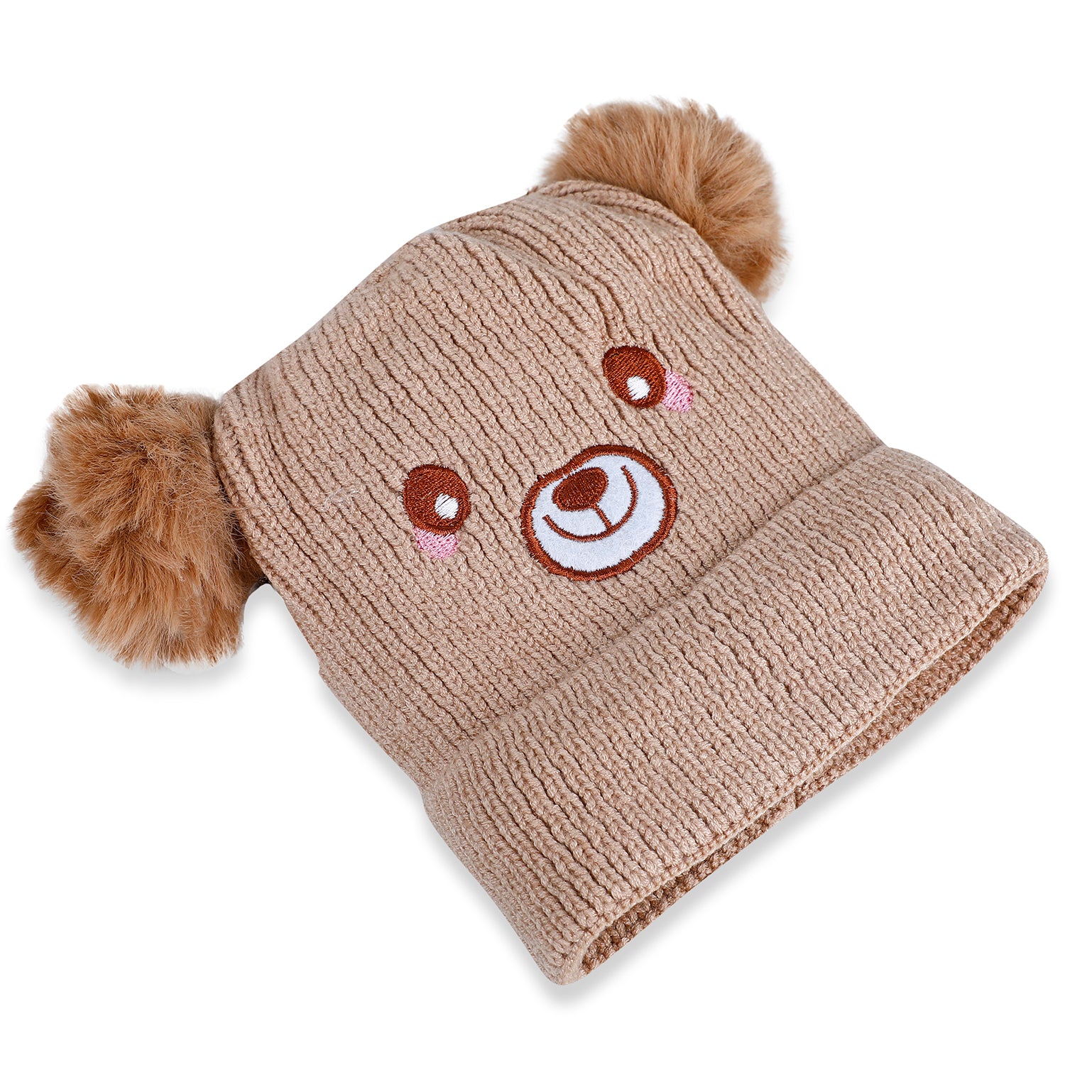 Baby Moo Bear Pom Pom Breathable Beanie Warm Knitted Woollen Cap - Tan