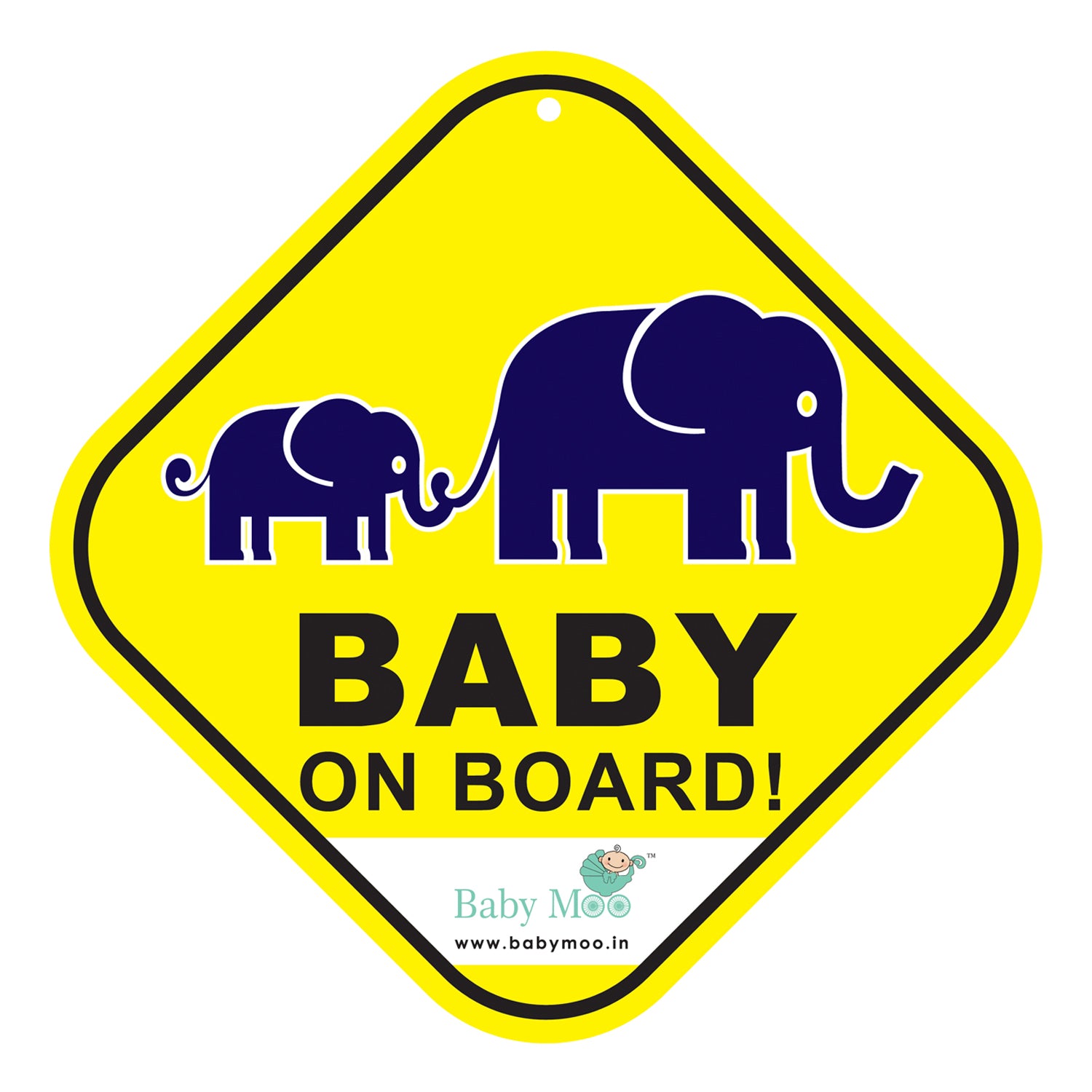 Baby Moo Mumma And Baby Elephant Theme Car Safety Sign With Vacuum Suction Cup Clip - Yellow - Baby Moo