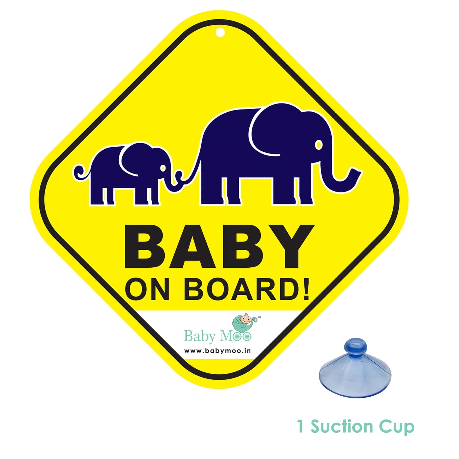 Baby Moo Mumma And Baby Elephant Theme Car Safety Sign With Vacuum Suction Cup Clip - Yellow