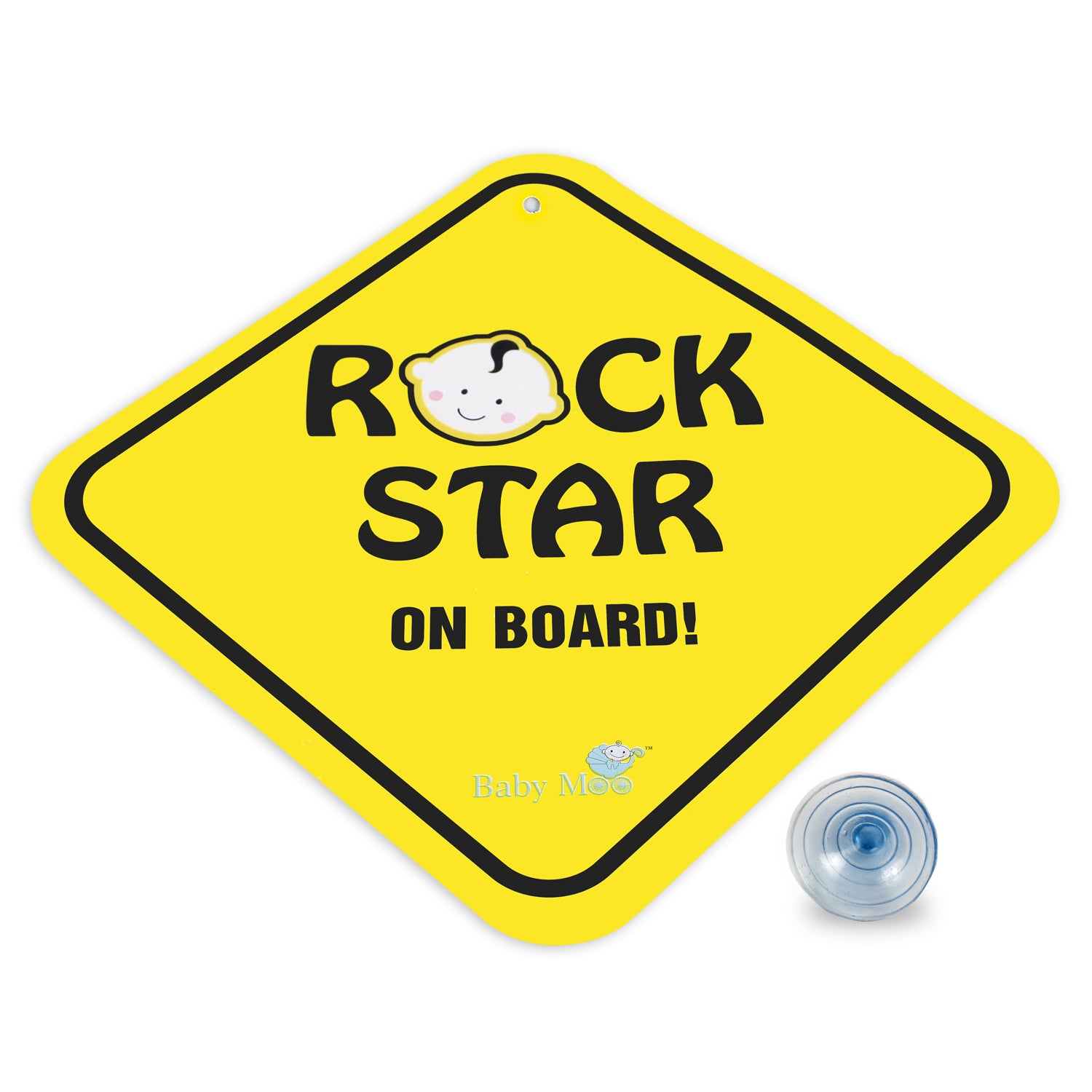Baby Moo Rock Star on Board Car Safety Sign With Vacuum Suction Cup Clip - Yellow - Baby Moo