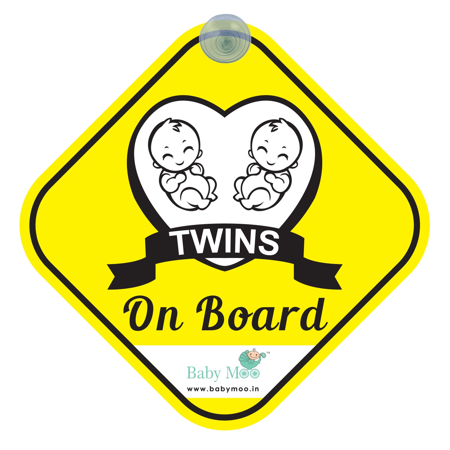 Baby Moo Twins On Board With Vacuum Suction Cup Clip - Yellow