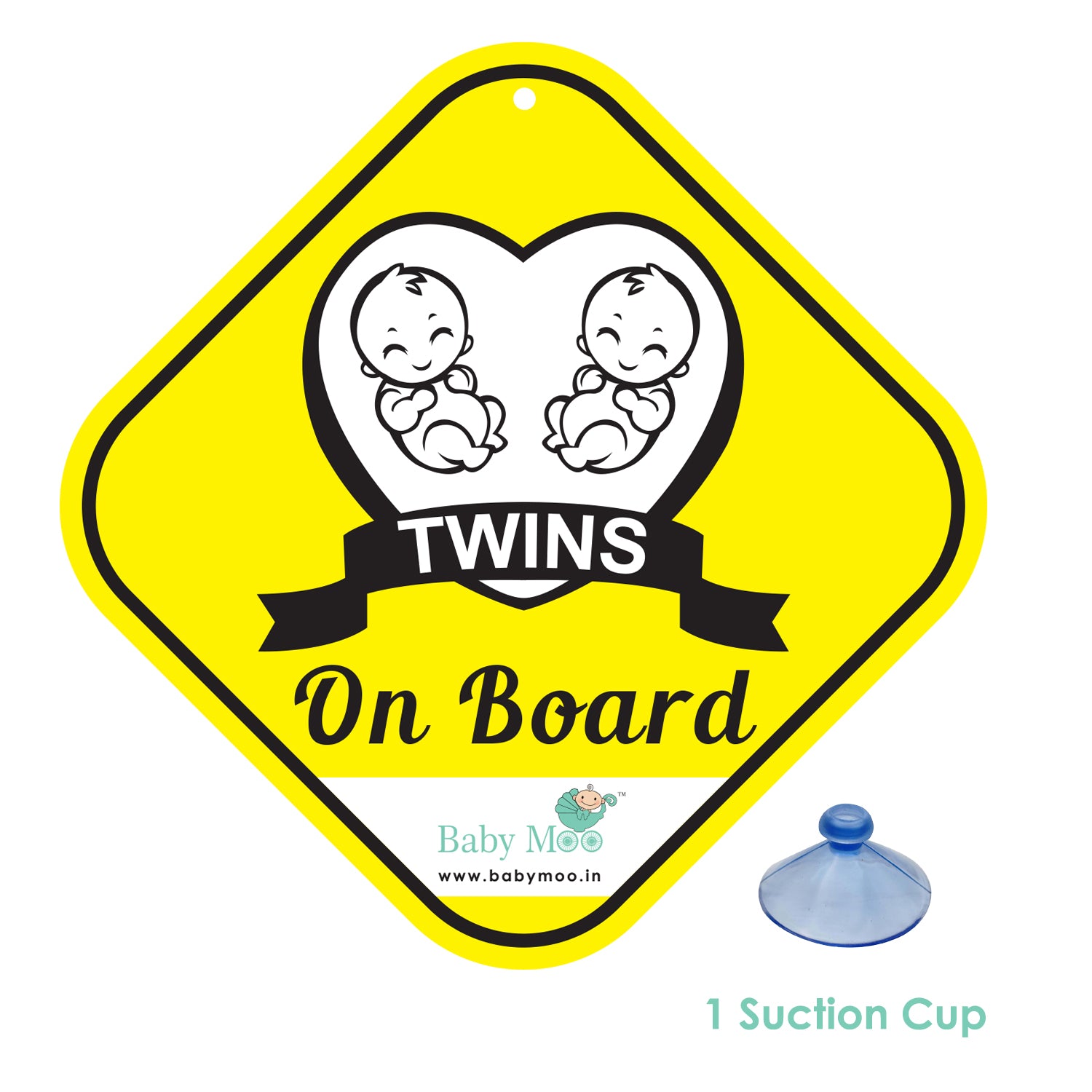 Baby Moo Twins On Board With Vacuum Suction Cup Clip - Yellow - Baby Moo