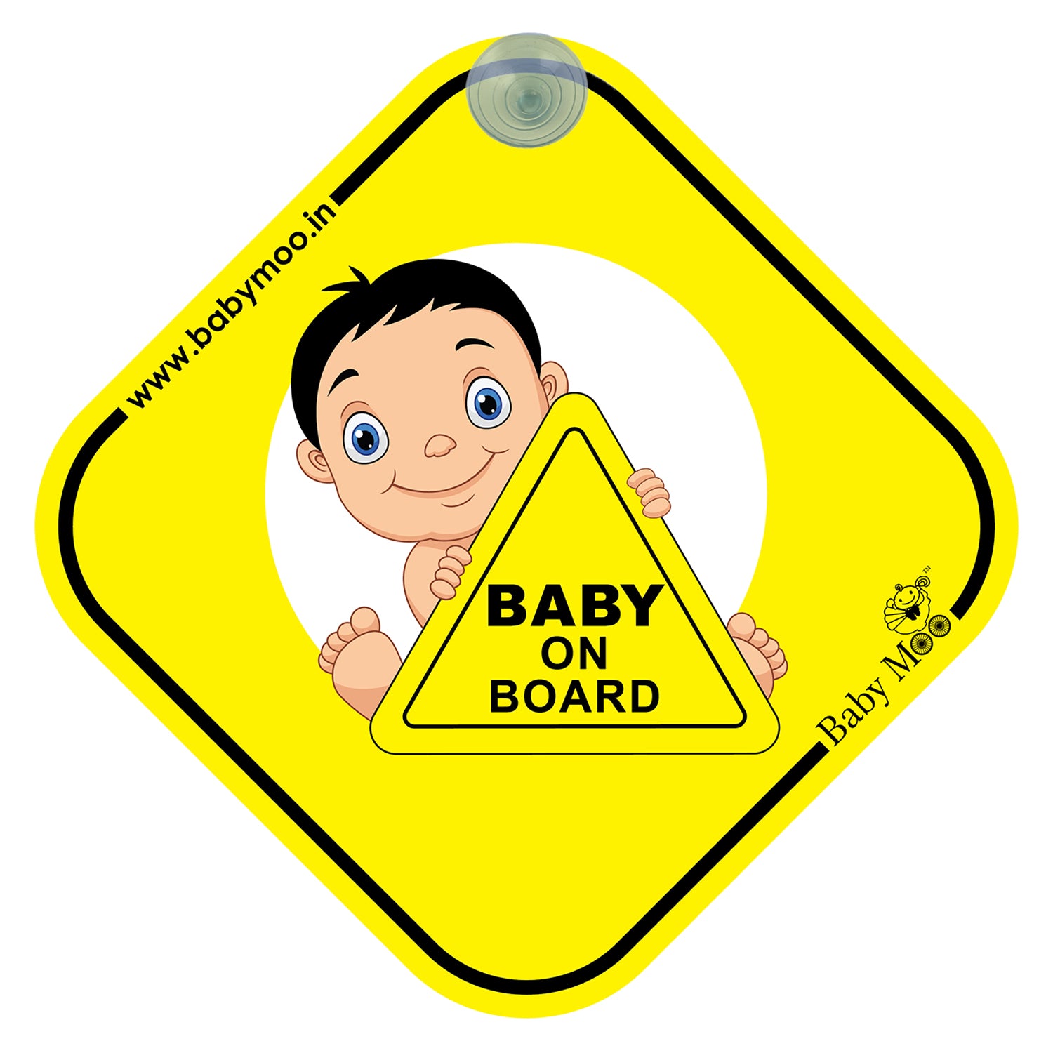 Baby Moo Kids On Board Car Safety Sign With Vacuum Suction Cup Clip - Yellow