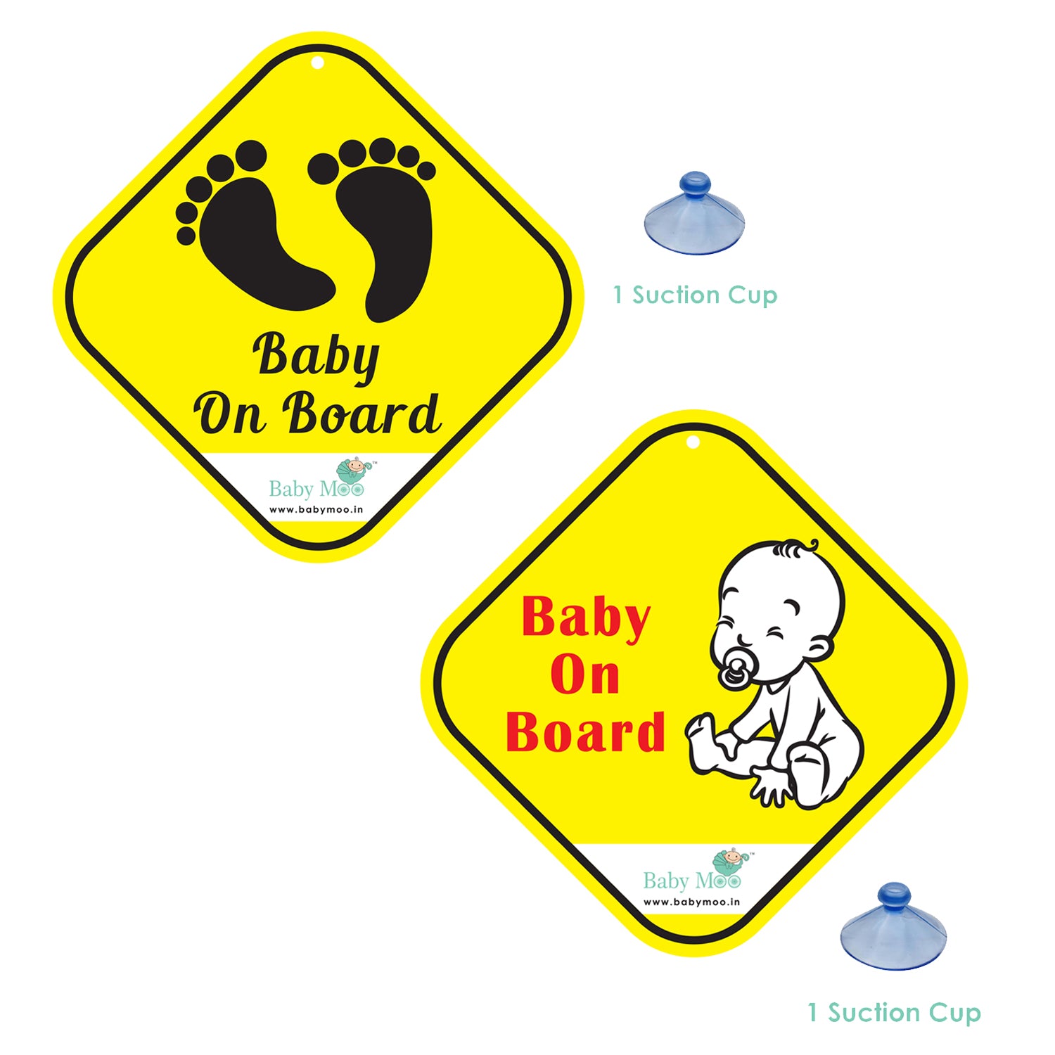 Baby Moo Tiny Baby On Board Car Safety Sign With Suction Cup Clip 2 Pack - Yellow