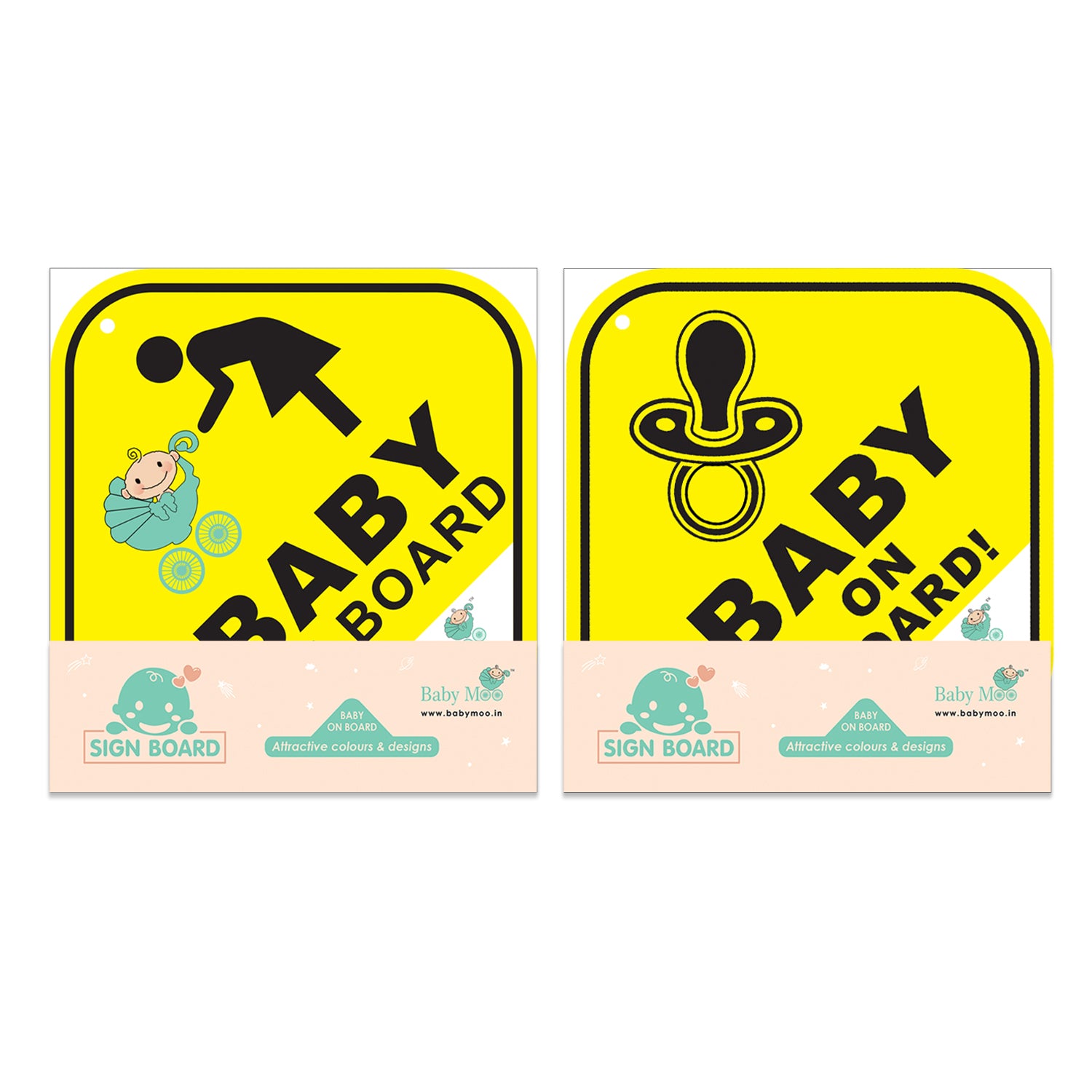 Baby Moo Car Safety Sign Infant Baby On Board With Suction Cup Clip 2 Pack - Yellow