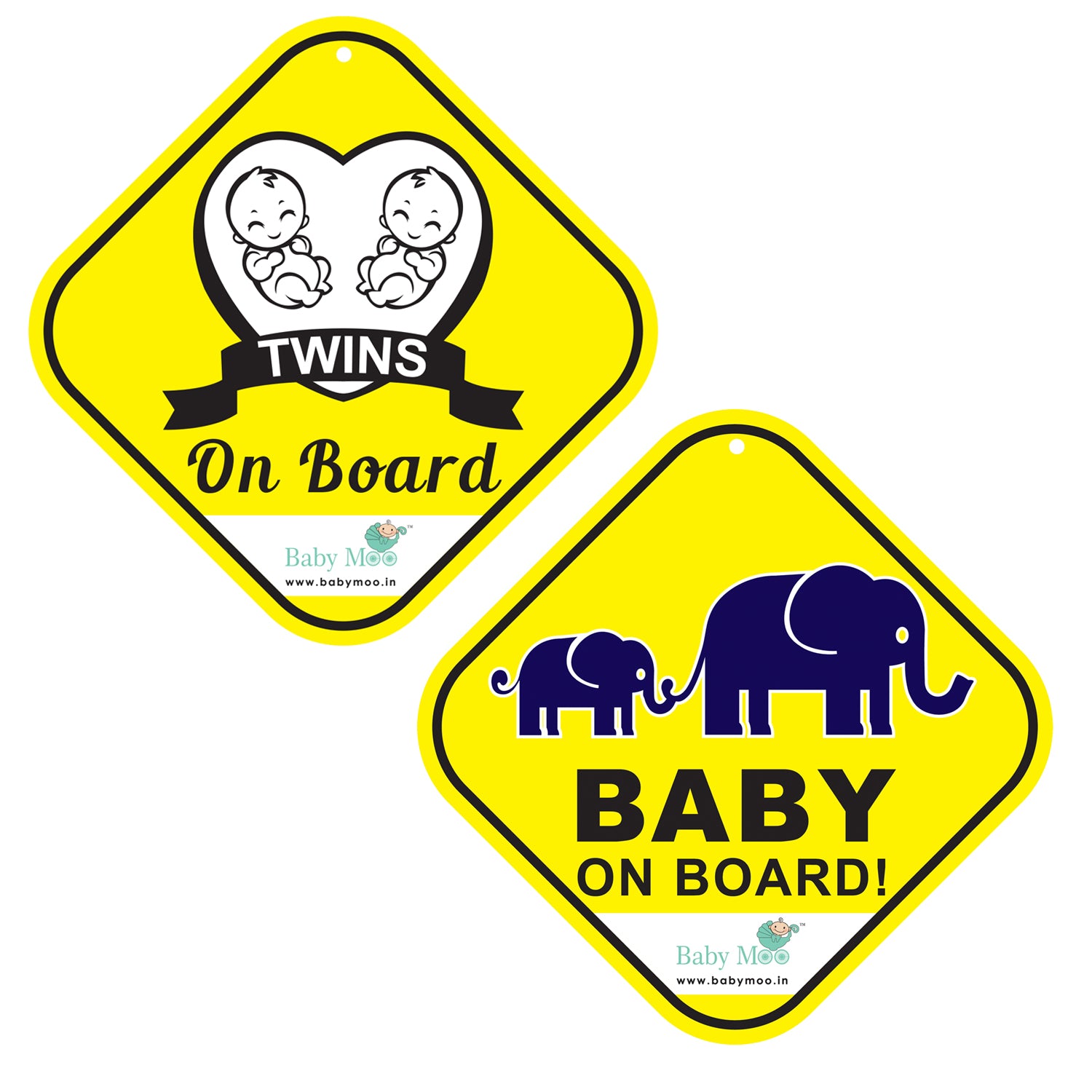 Baby Moo Car Safety Sign Twin Baby On Board With Suction Cup Clip 2 Pack - Yellow - Baby Moo