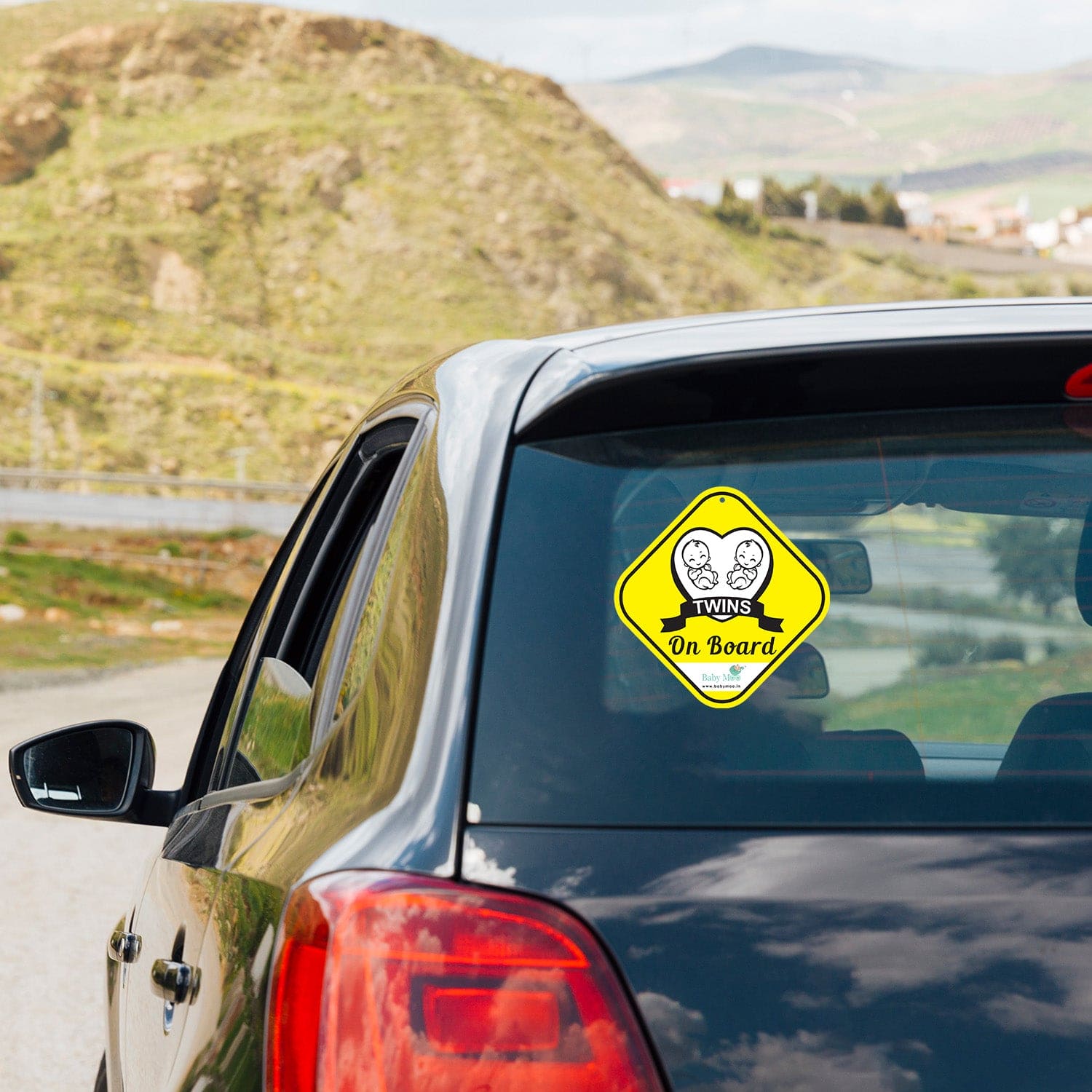 Baby Moo Car Safety Sign Twin Baby On Board With Suction Cup Clip 2 Pack - Yellow