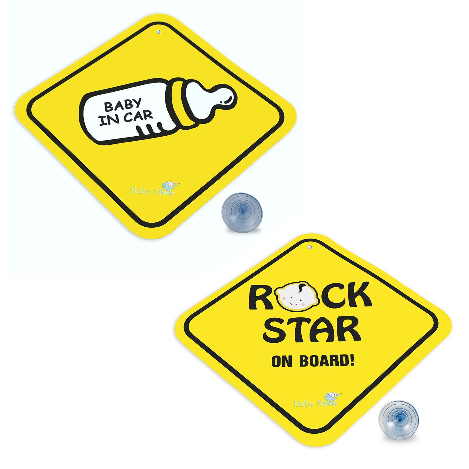 Baby Moo Car Safety Sign Rockstar Baby On Board With Suction Cup Clip 2 Pack - Yellow - Baby Moo