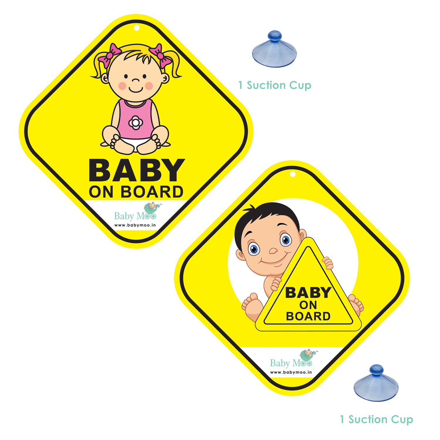 Baby Moo Kids Car Safety Sign Baby On Board With Suction Cup Clip 2 Pack - Yellow - Baby Moo